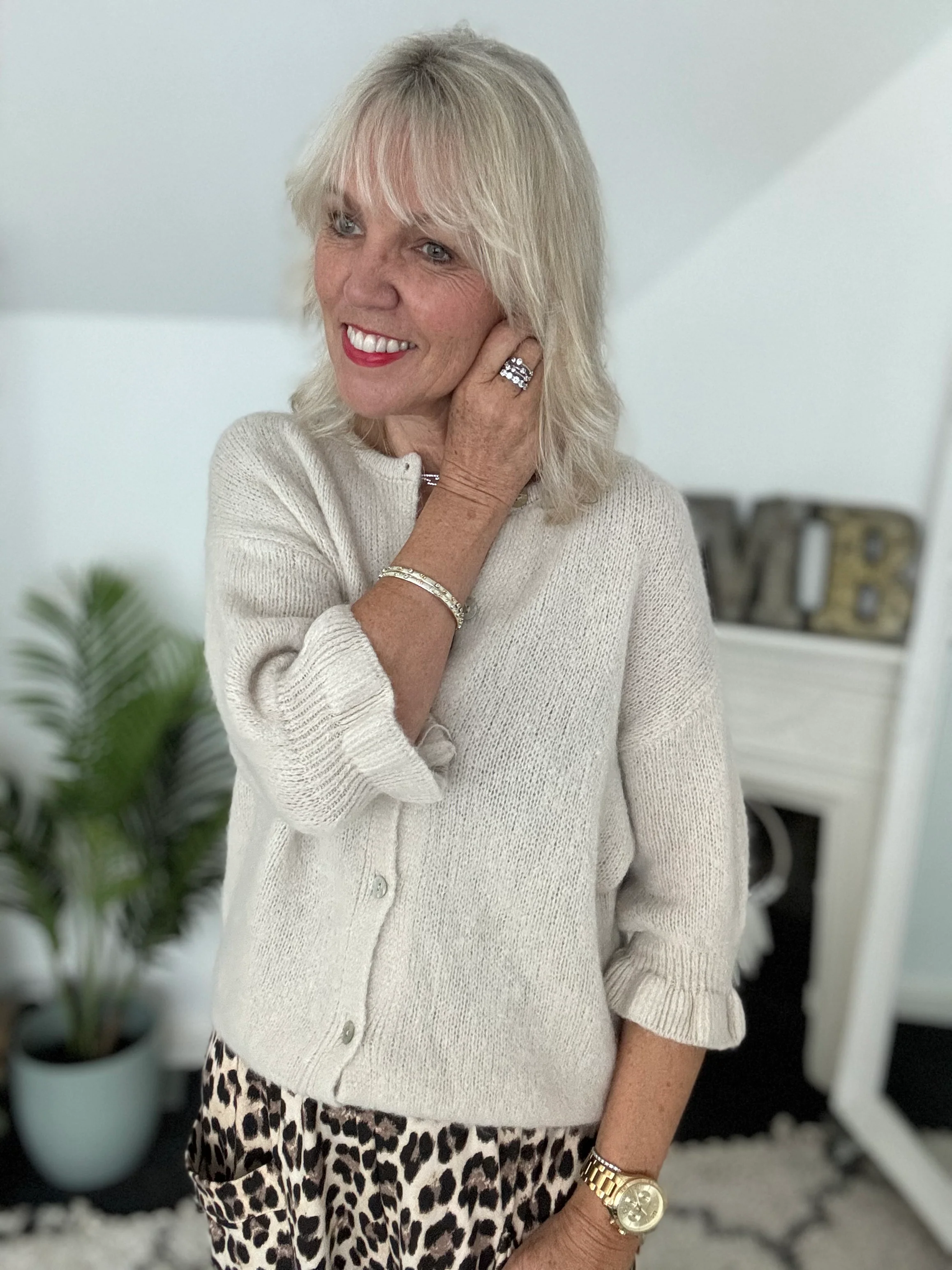 Alpaca Cardi with Frill Cuffs in Ecru - Image 4