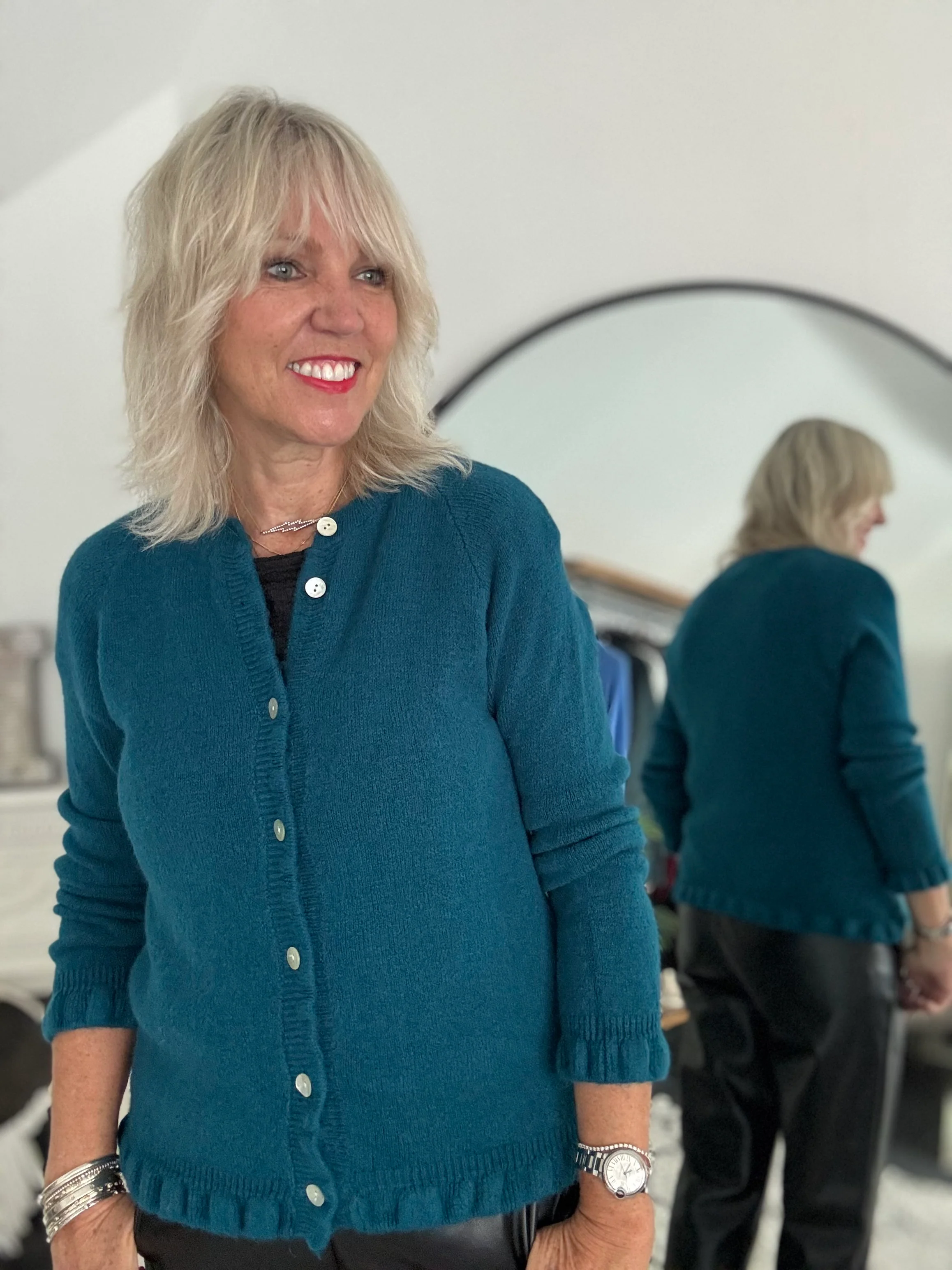 Alpaca Cardi with Frill Hems in Teal - Image 5