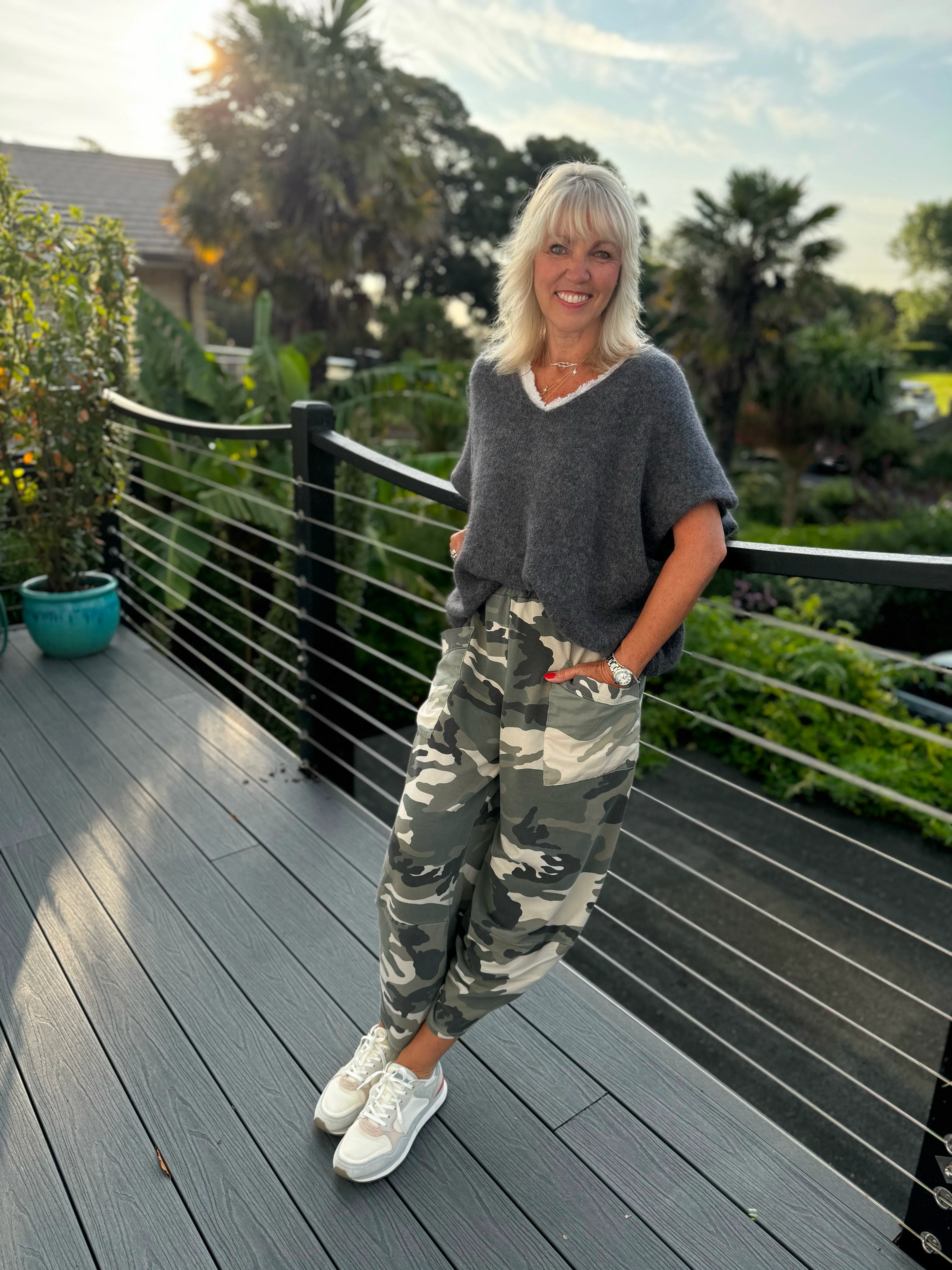 Barrel Cotton Jersey Trousers in Khaki Camo