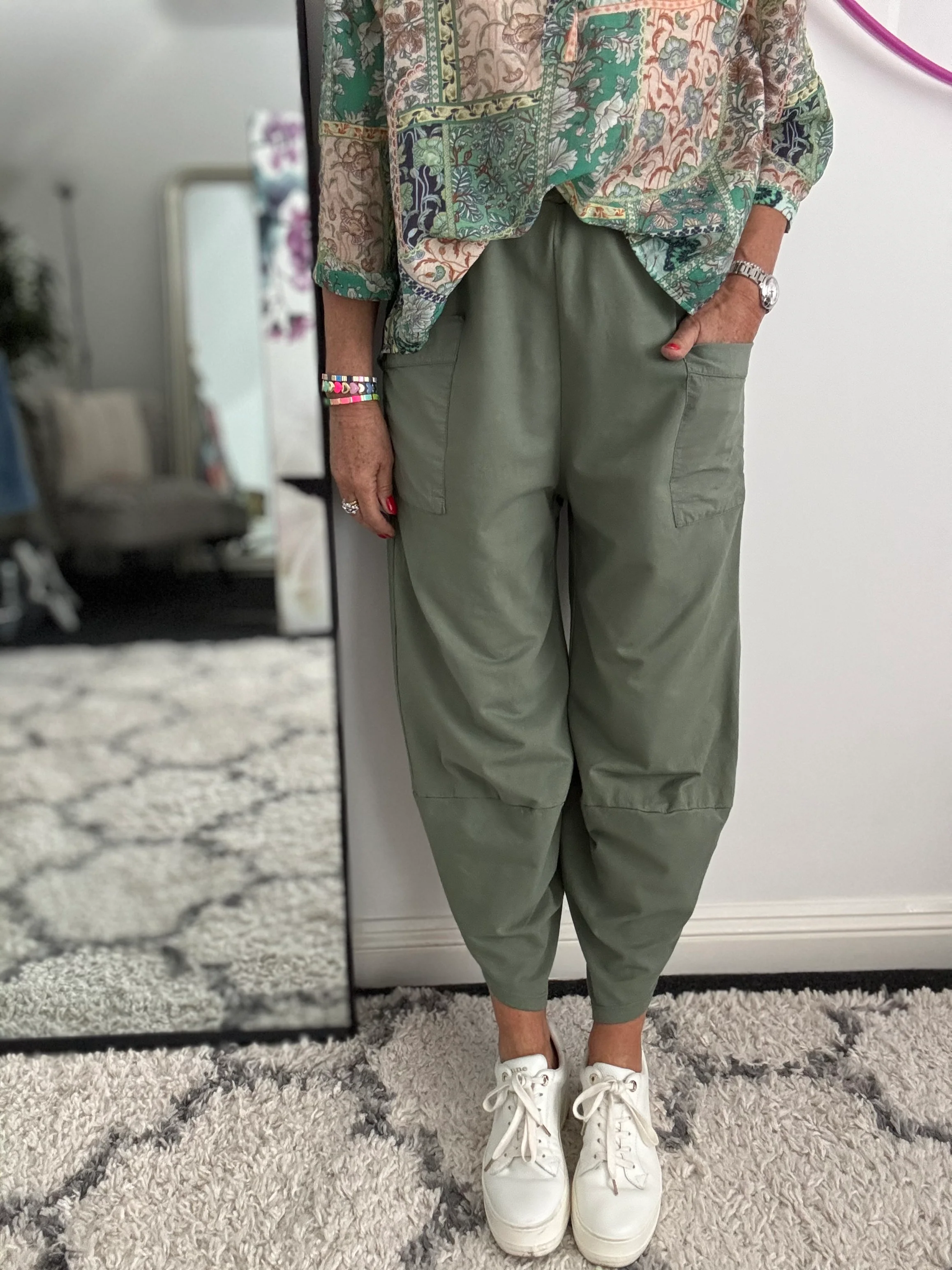 Barrel Shape Cotton Jersey Trousers in Khaki - Image 2