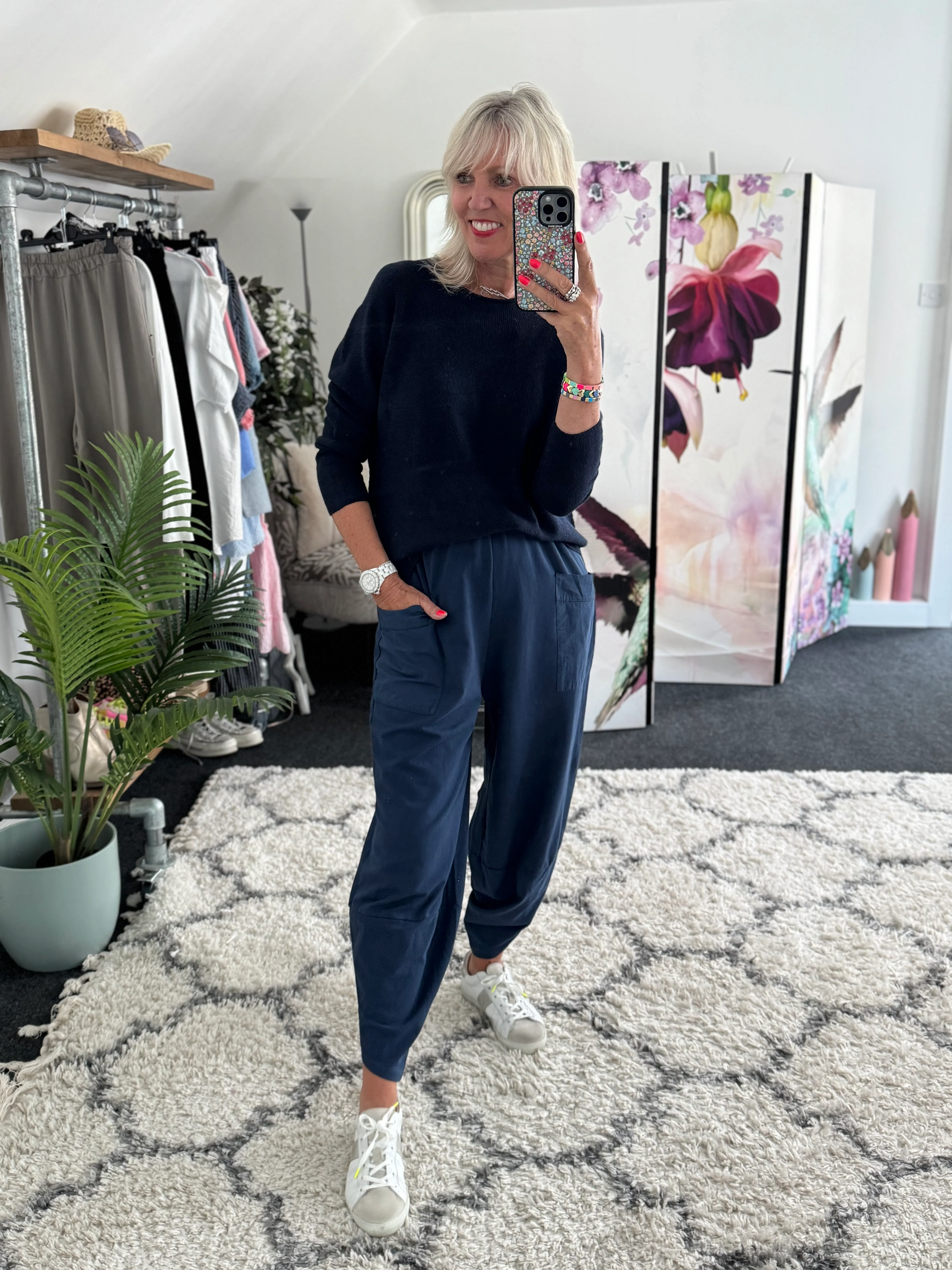 Barrel Shape Cotton Jersey Trousers in Navy