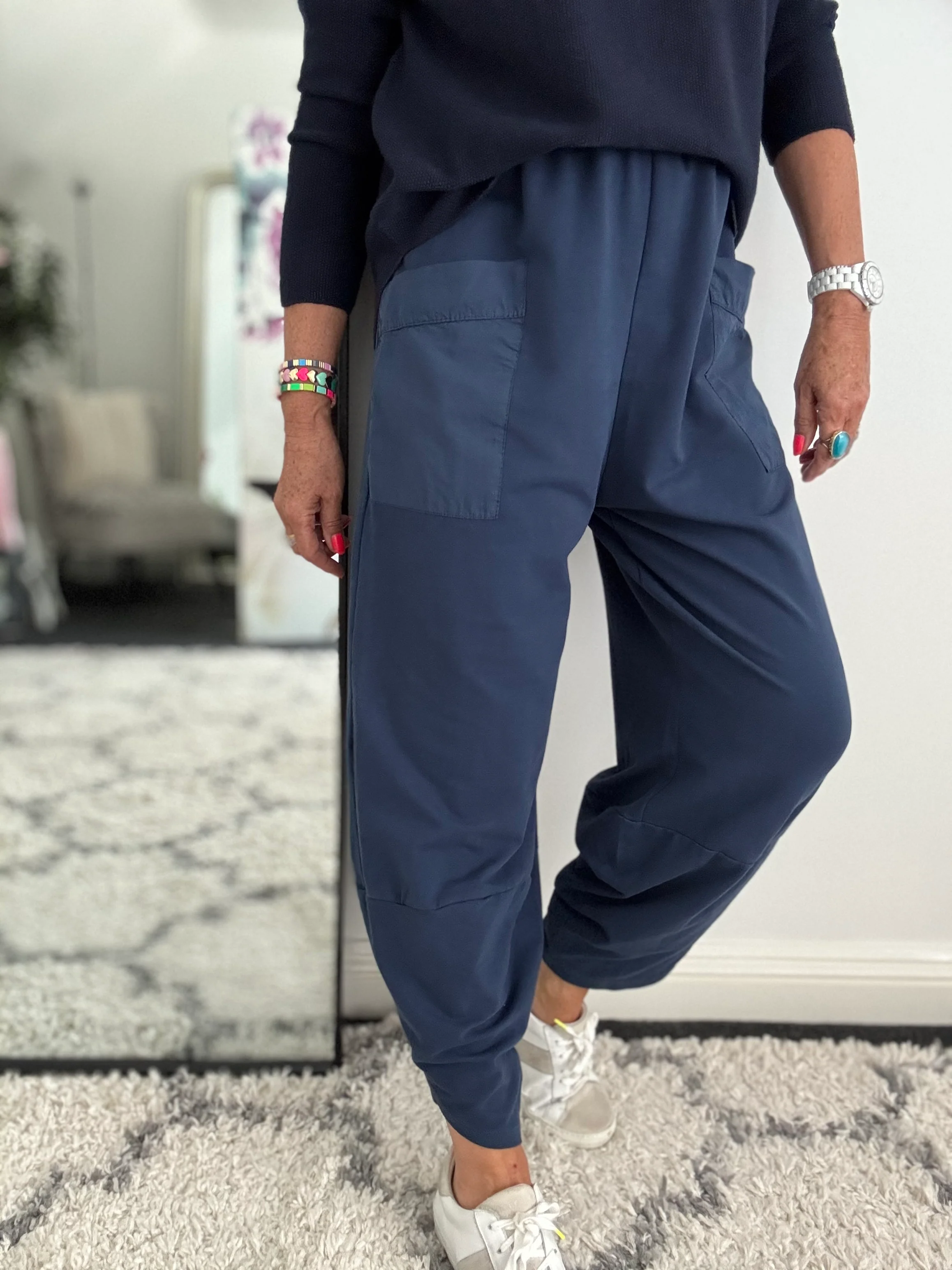 Barrel Shape Cotton Jersey Trousers in Navy - Image 2