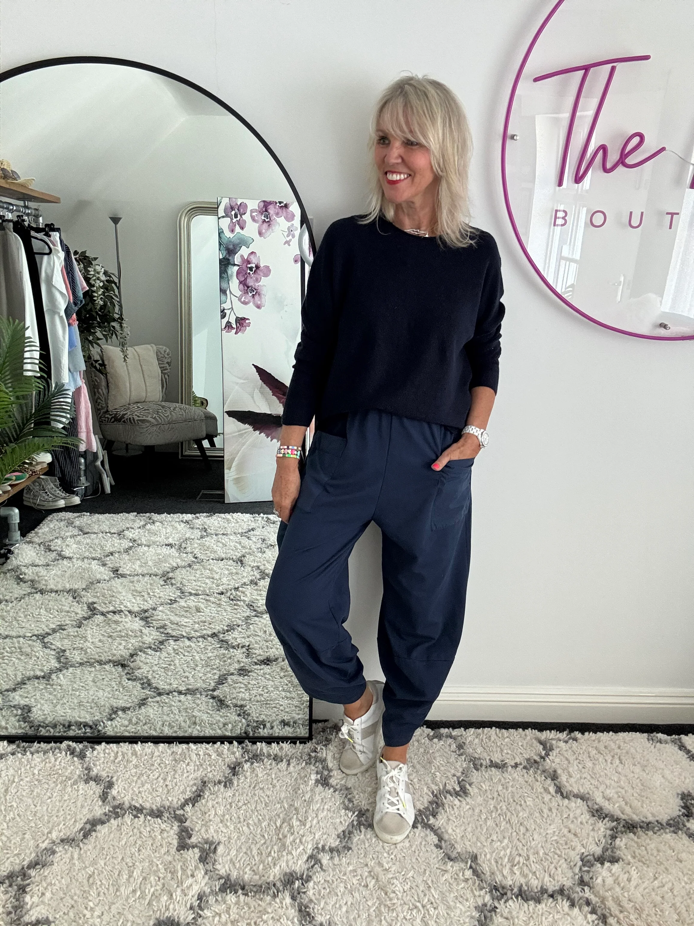 Barrel Shape Cotton Jersey Trousers in Navy - Image 3