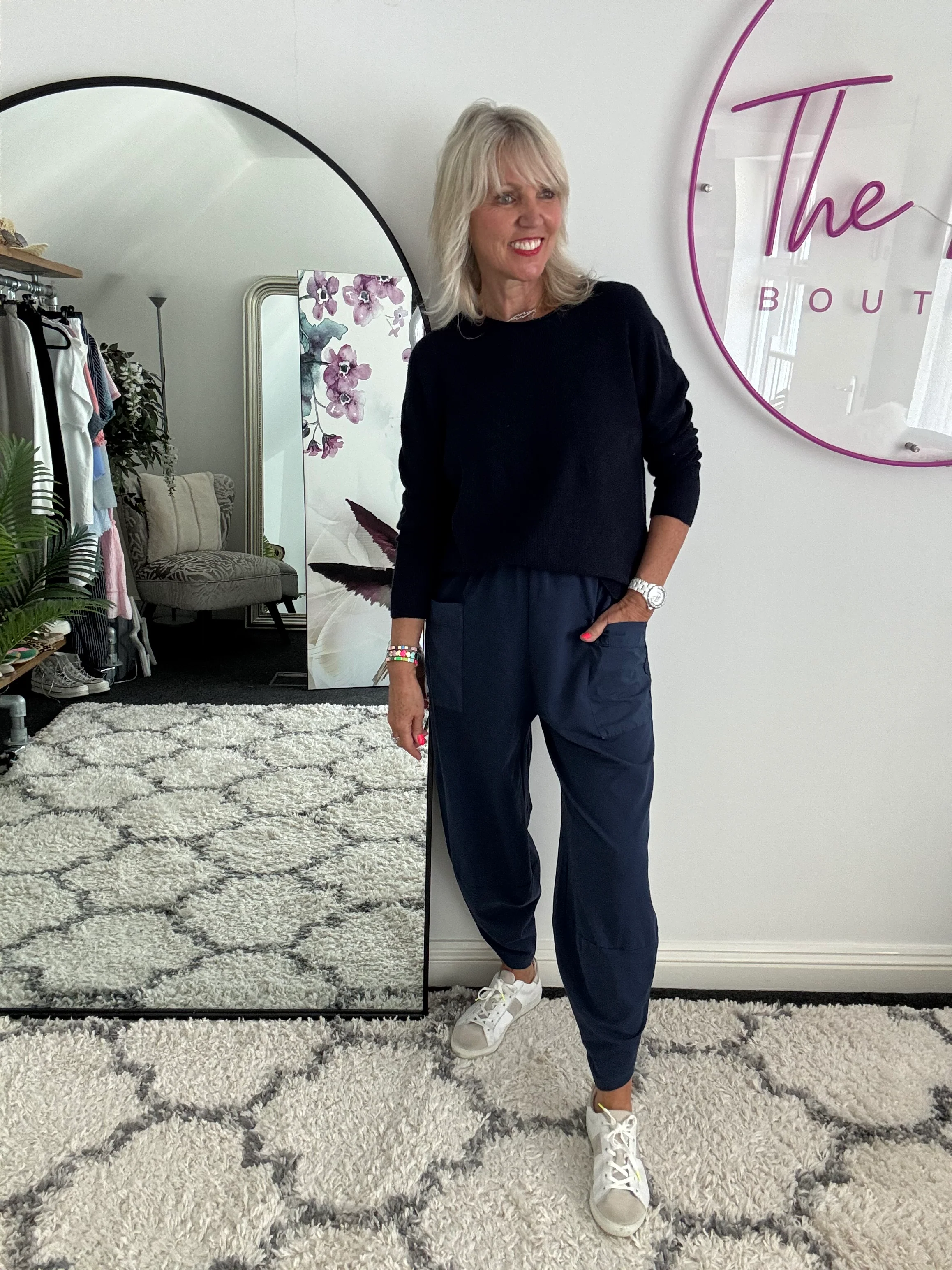 Barrel Shape Cotton Jersey Trousers in Navy - Image 4