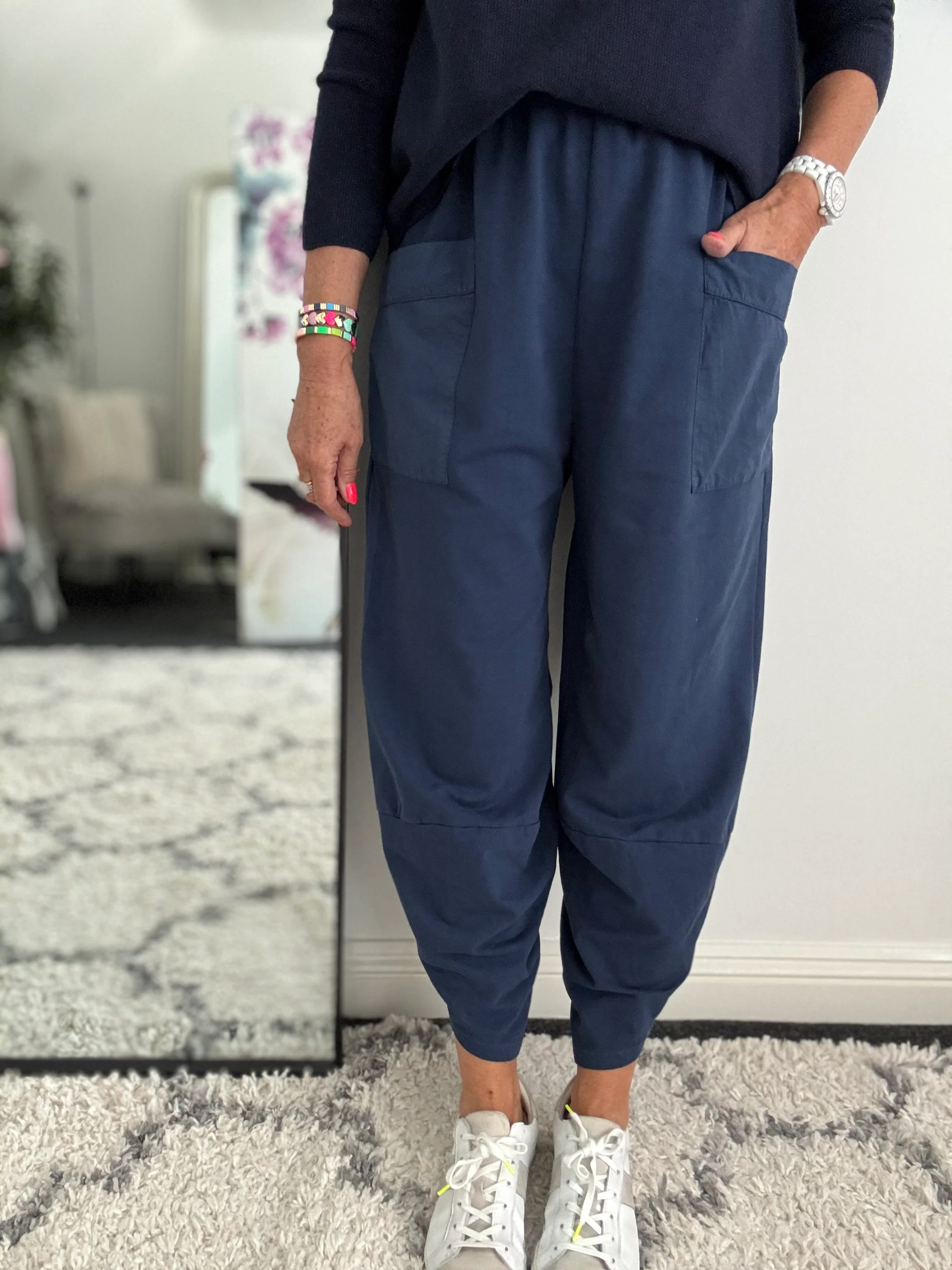 Barrel Shape Cotton Jersey Trousers in Navy - Image 5