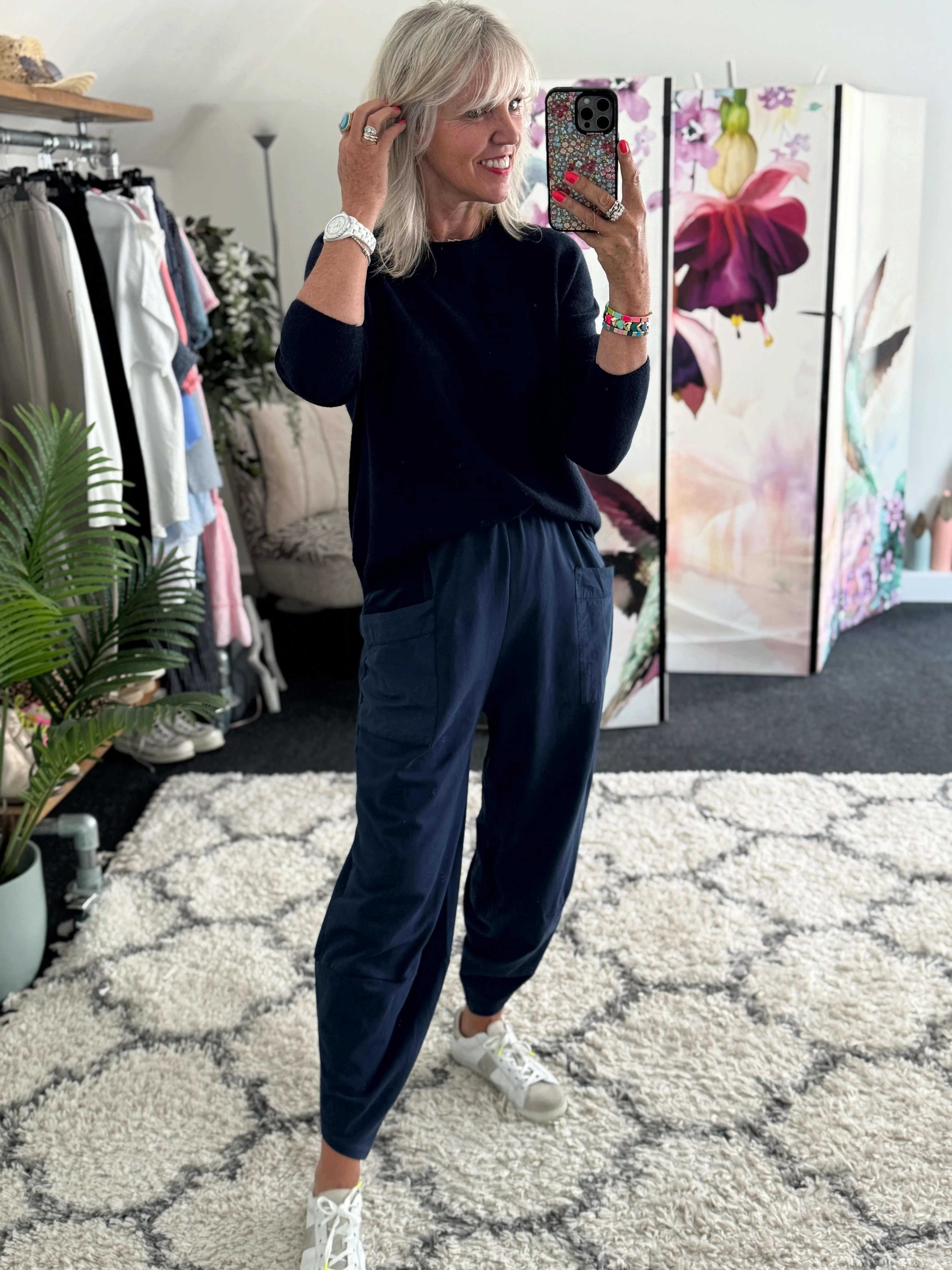 Barrel Shape Cotton Jersey Trousers in Navy - Image 6