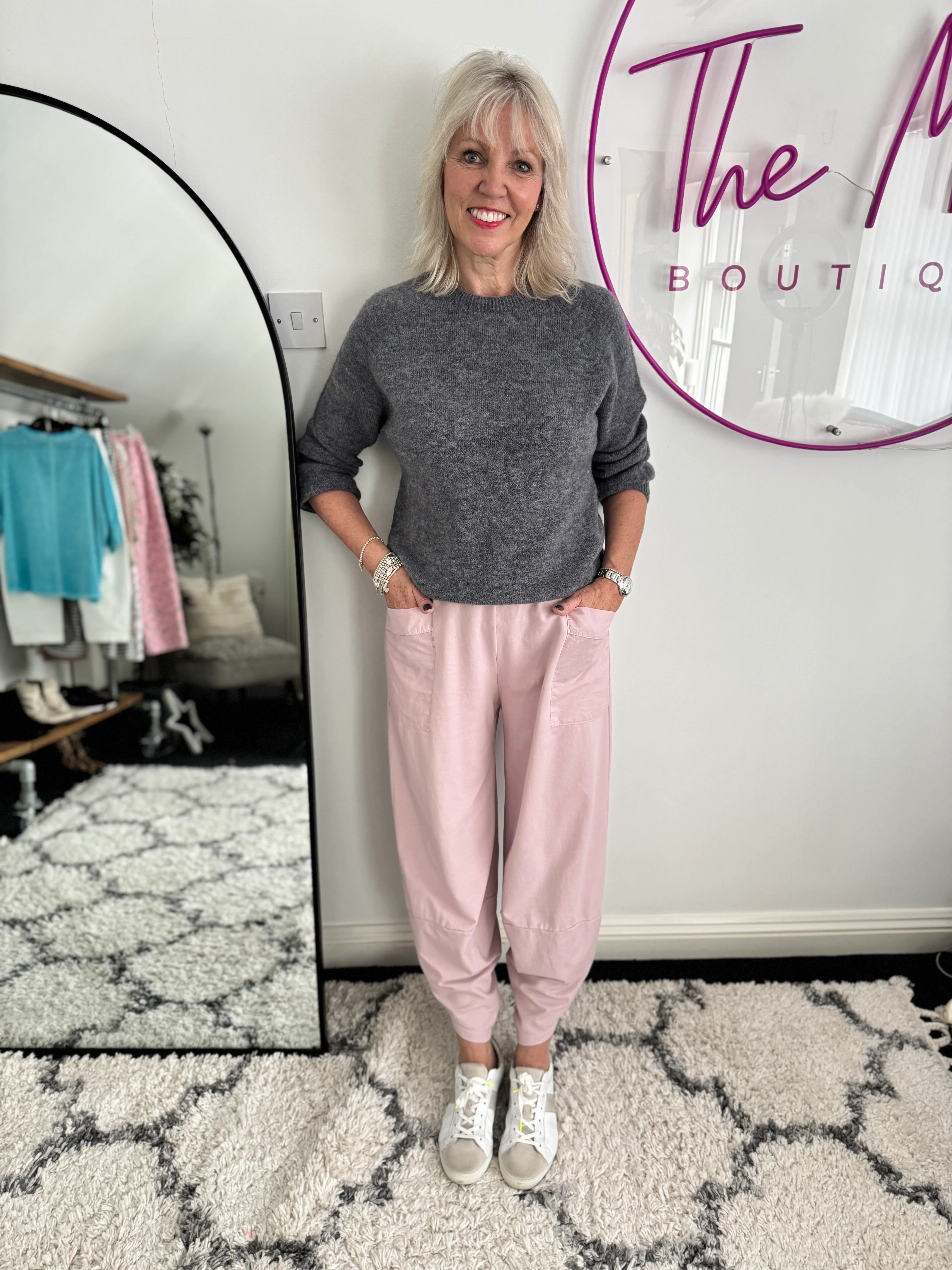 Barrel Shape Cotton Jersey Trousers in Pink