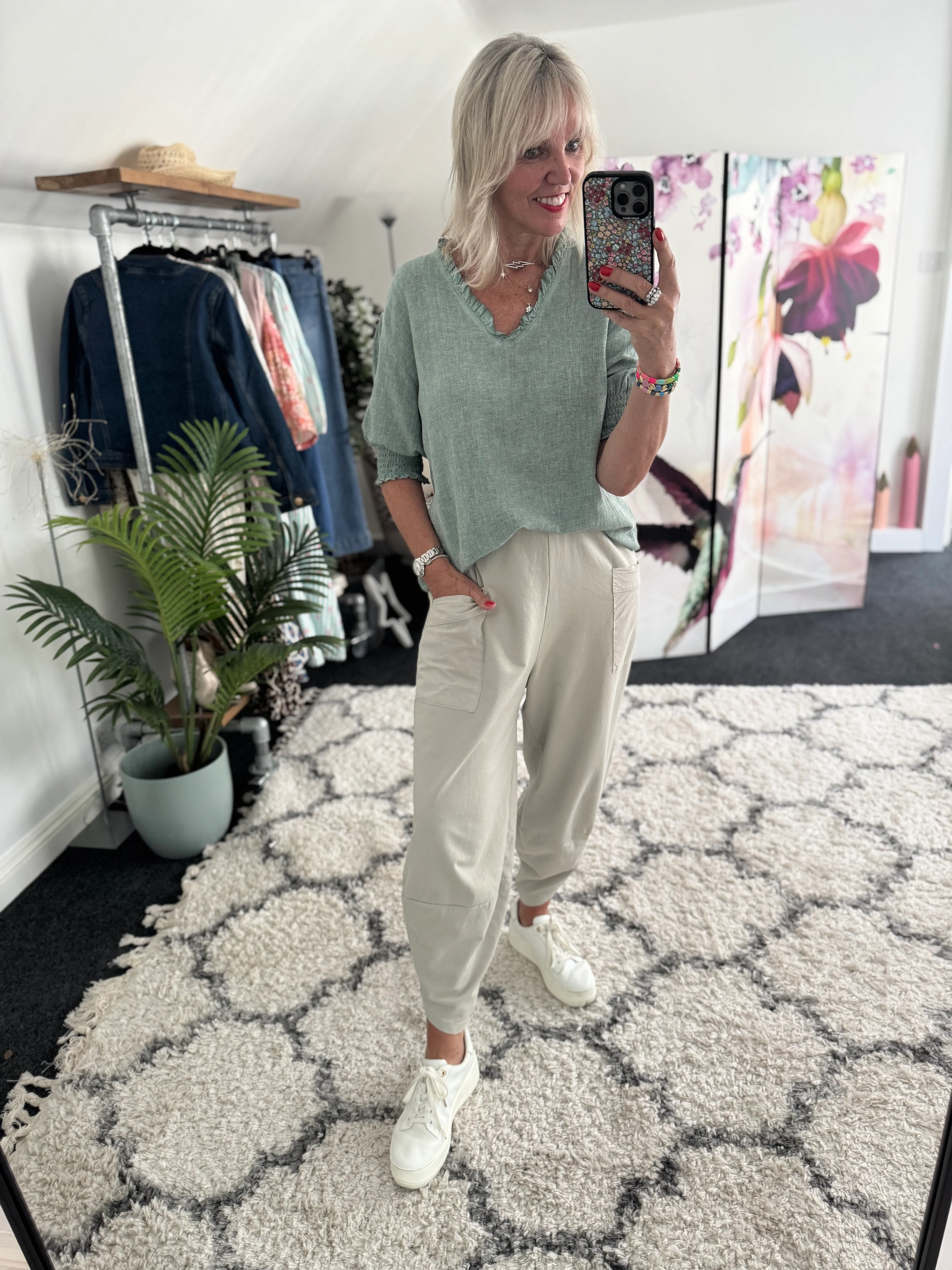 Barrel Shape Cotton Jersey Trousers in Stone