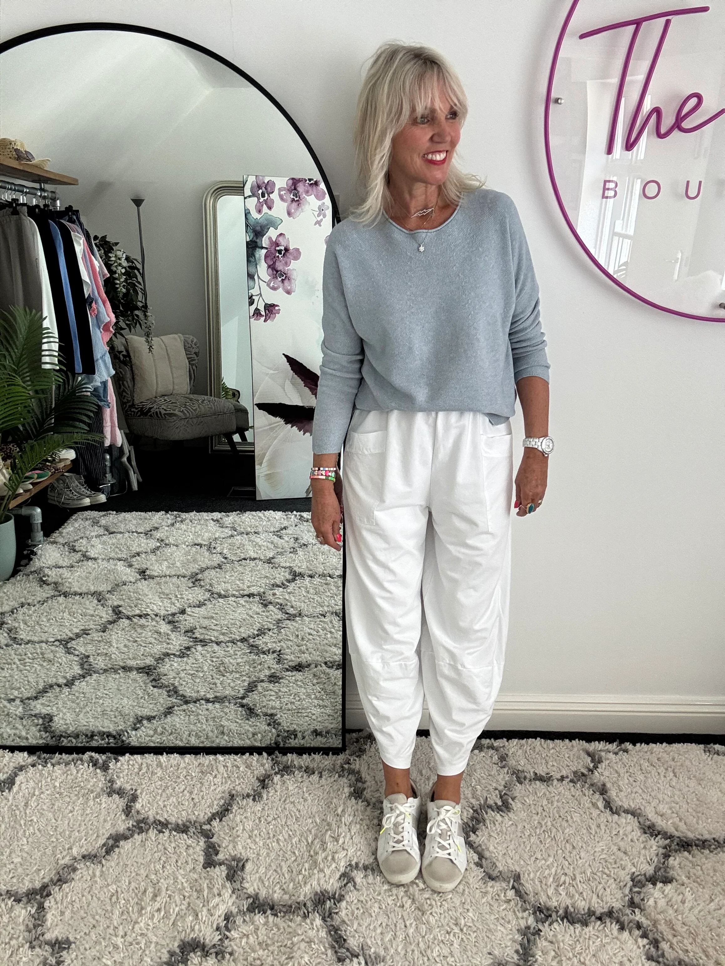 Barrel Shape Cotton Jersey Trousers in White