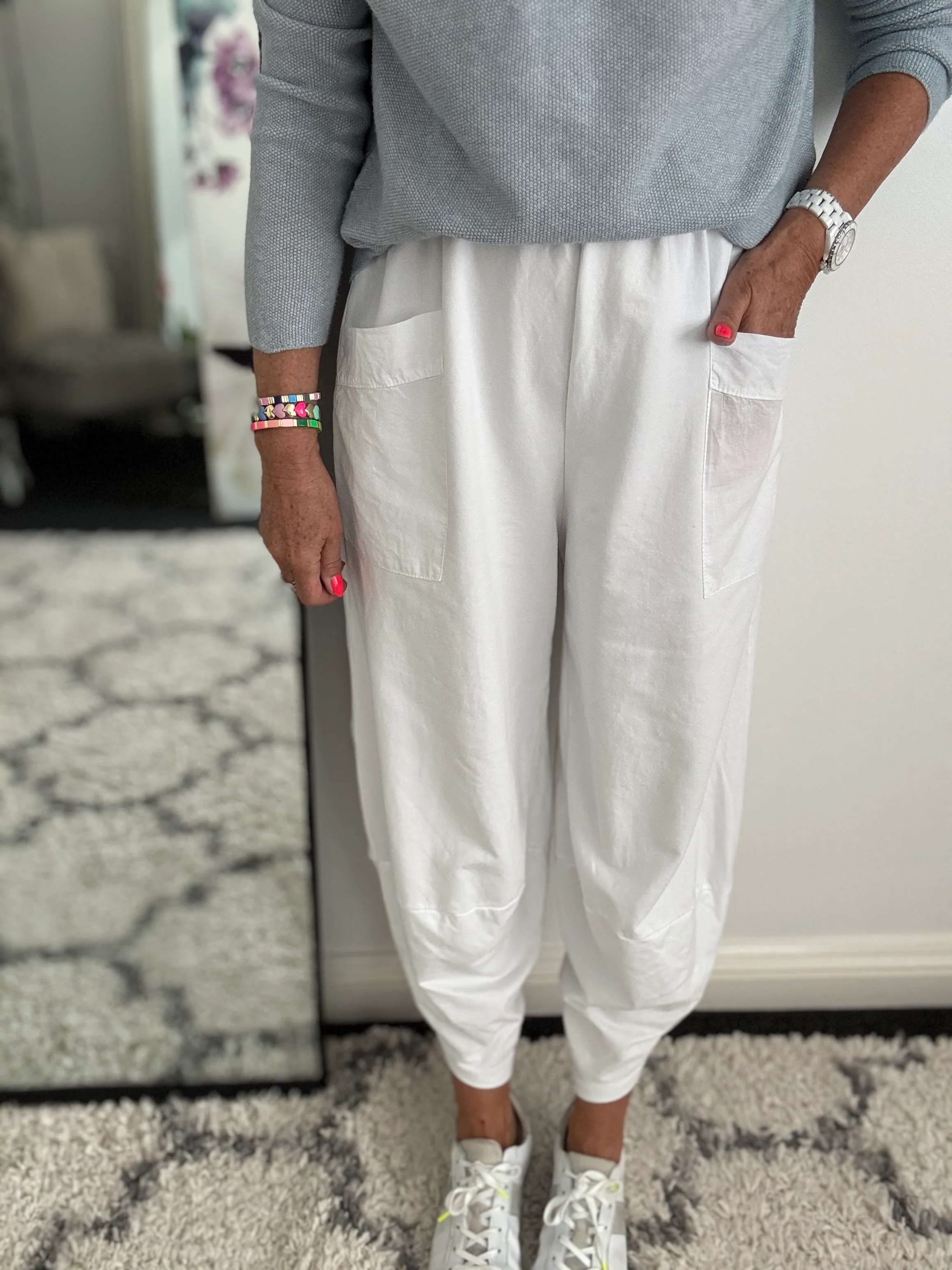 Barrel Shape Cotton Jersey Trousers in White - Image 2