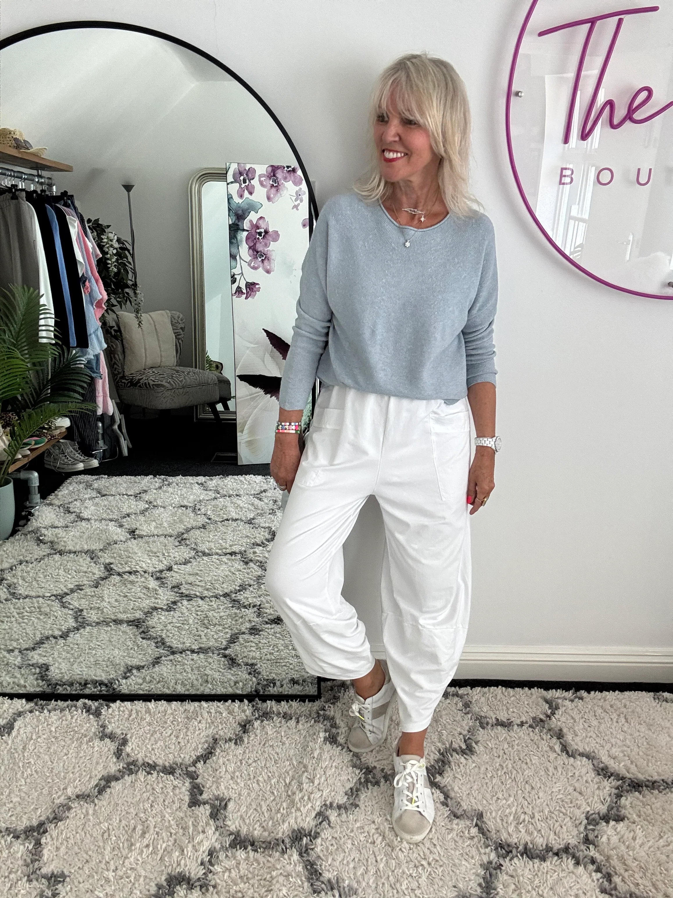 Barrel Shape Cotton Jersey Trousers in White - Image 3