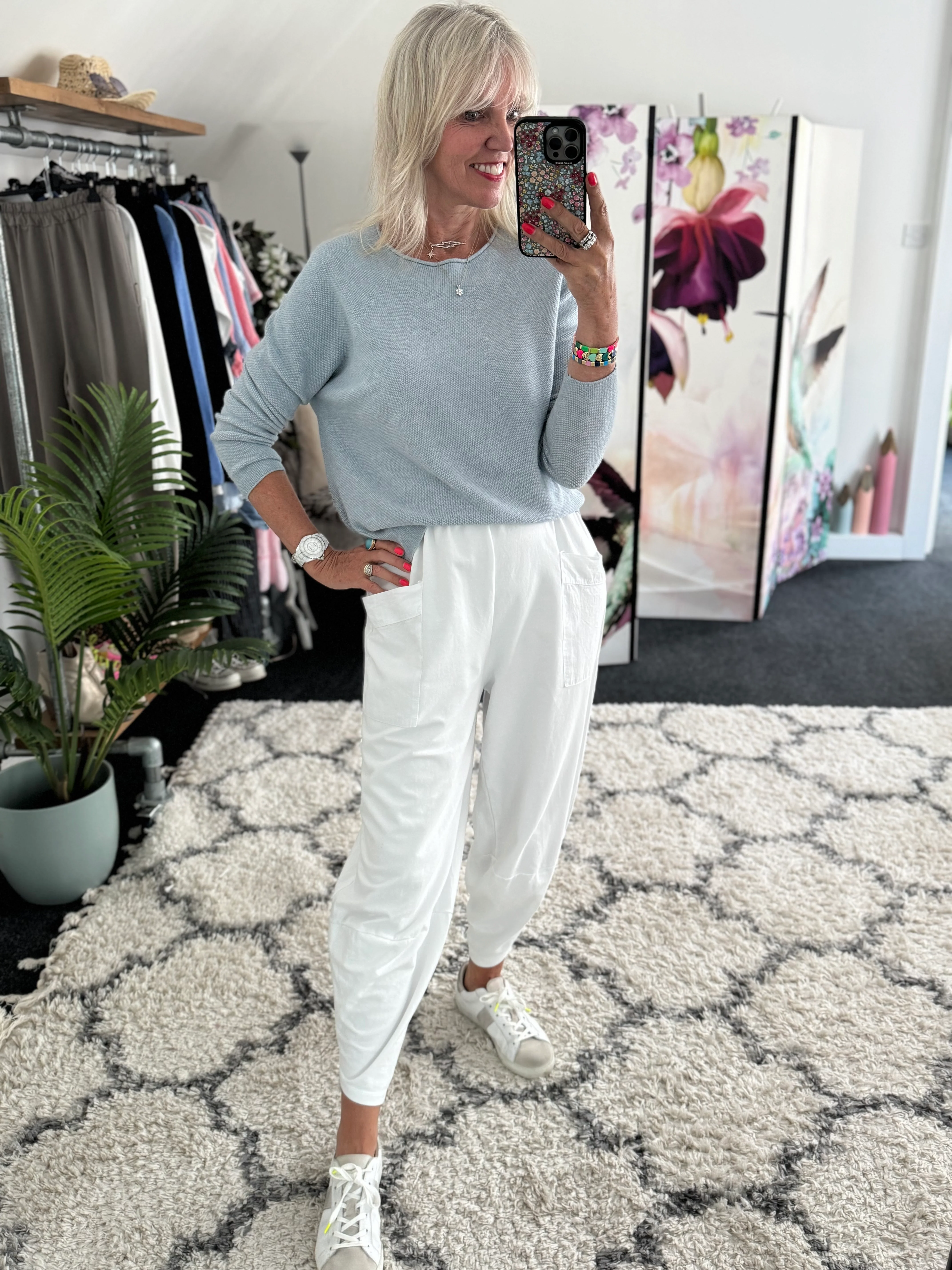 Barrel Shape Cotton Jersey Trousers in White - Image 4