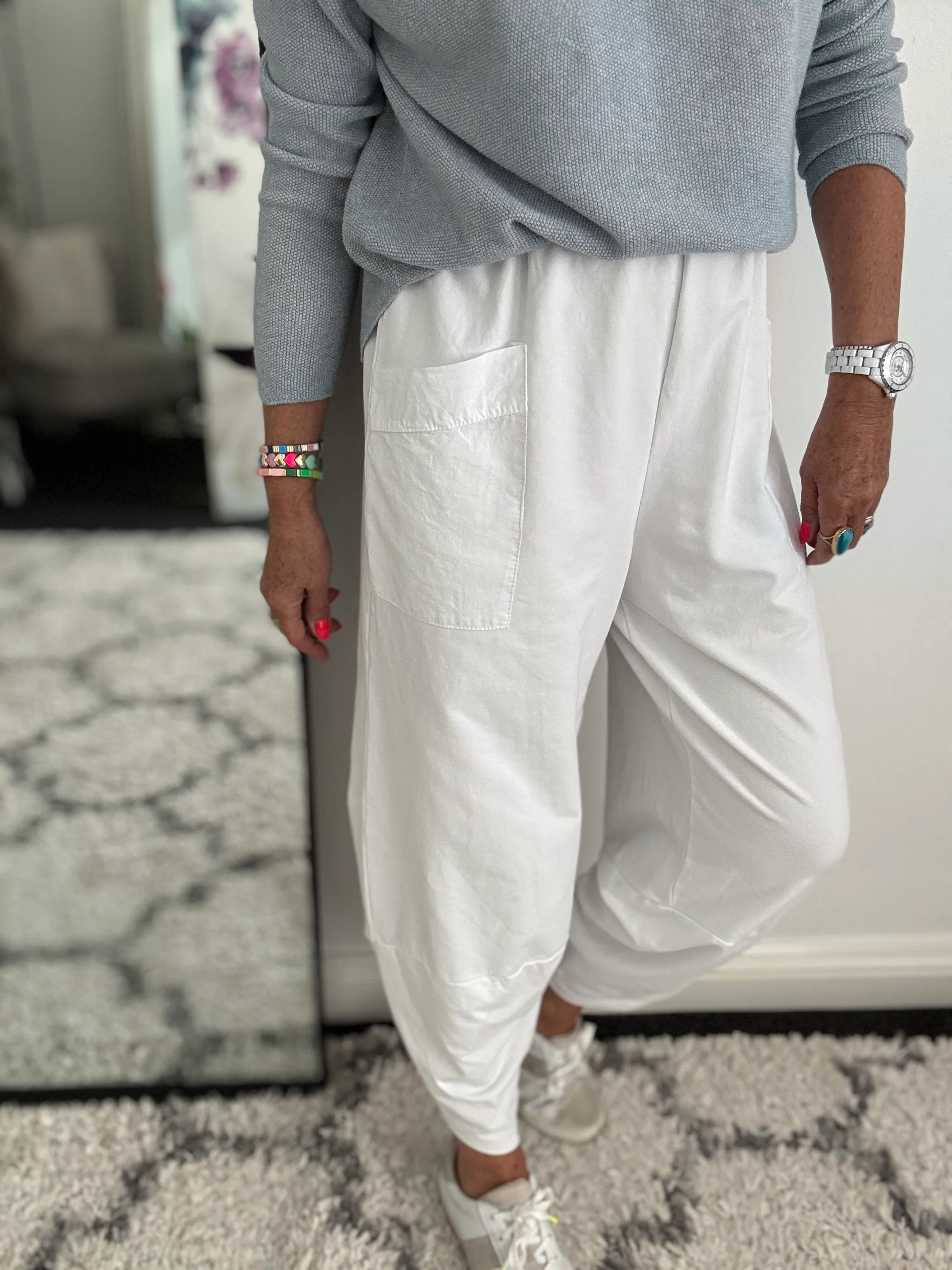 Barrel Shape Cotton Jersey Trousers in White - Image 5