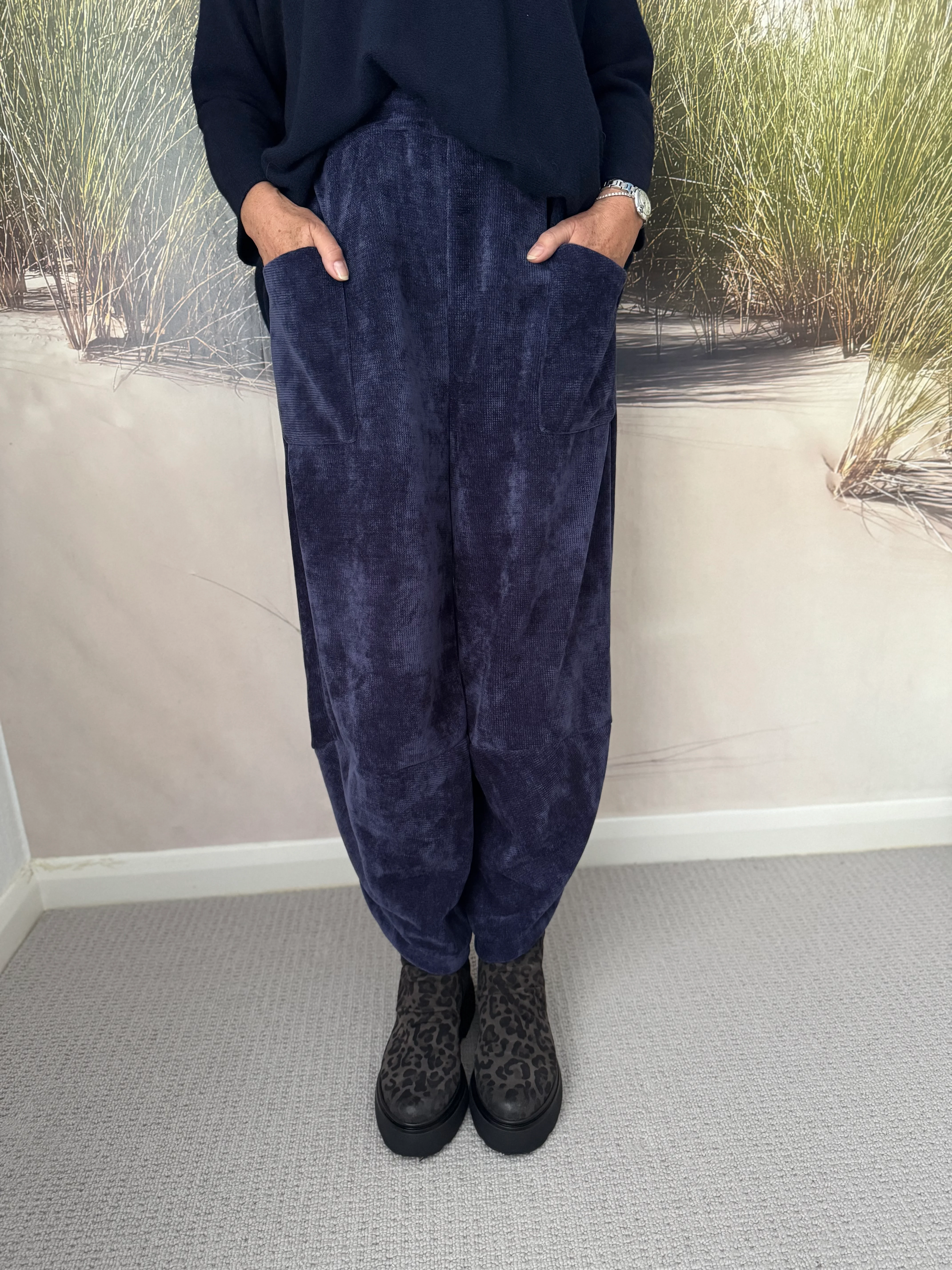 Barrel Velvety Trousers in Navy - Image 2