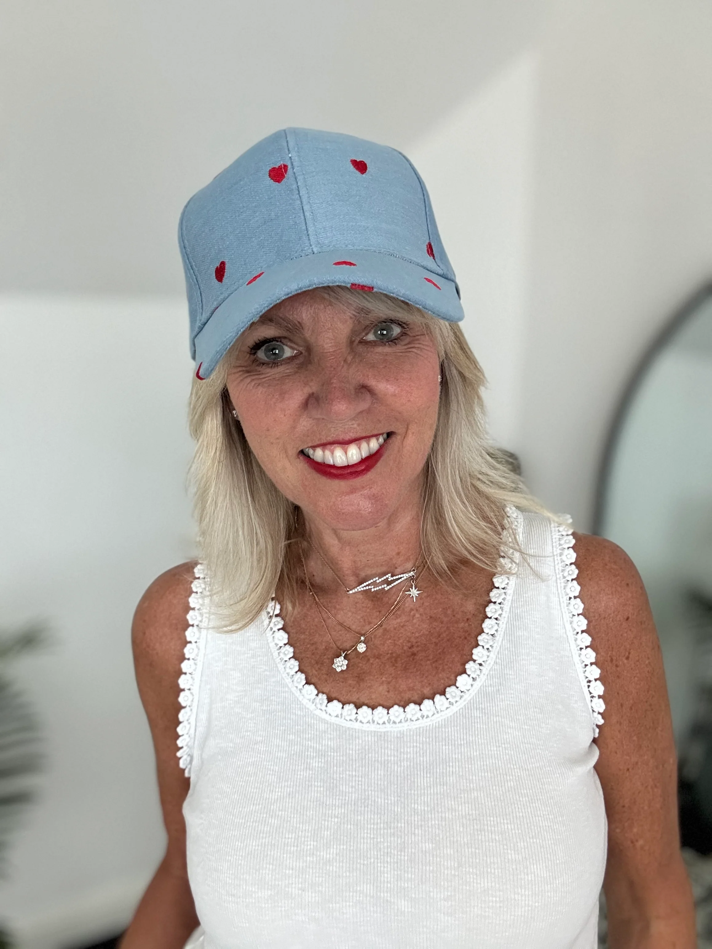 Denim Blue Cap with Red Hearts - Image 3