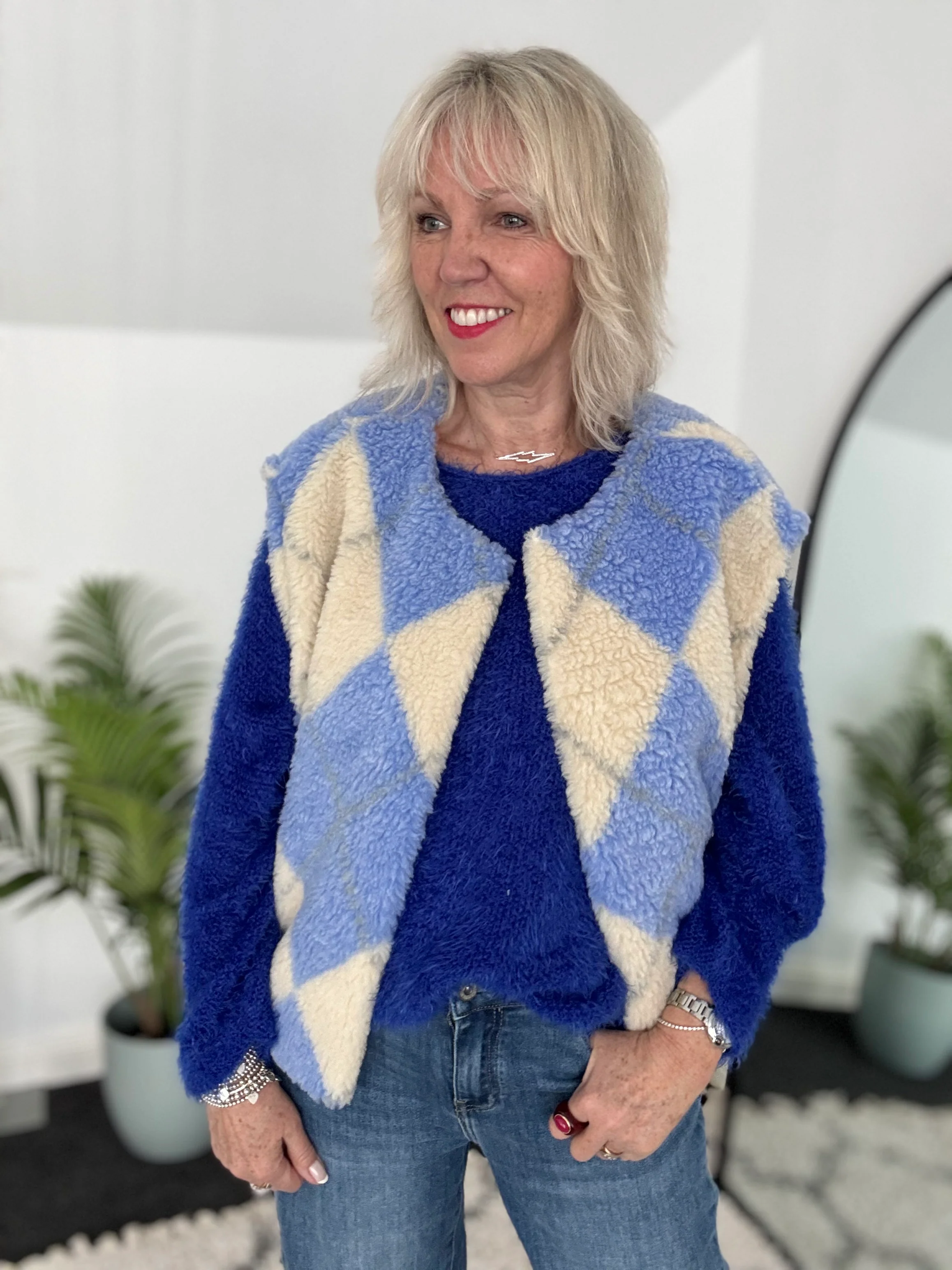 Check Teddy Gilet in Blue & Vanilla - Image 3
