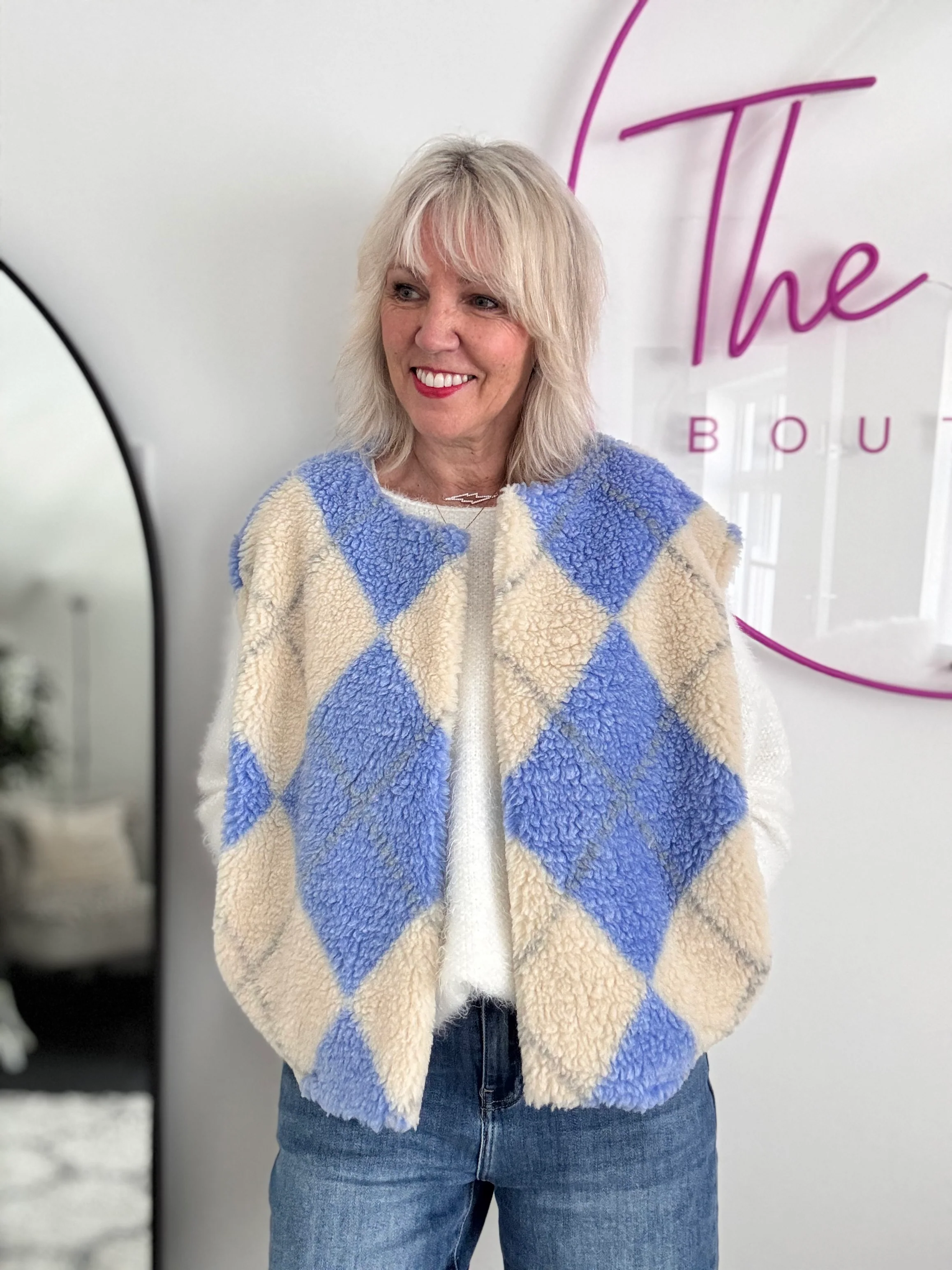 Check Teddy Gilet in Blue & Vanilla - Image 4