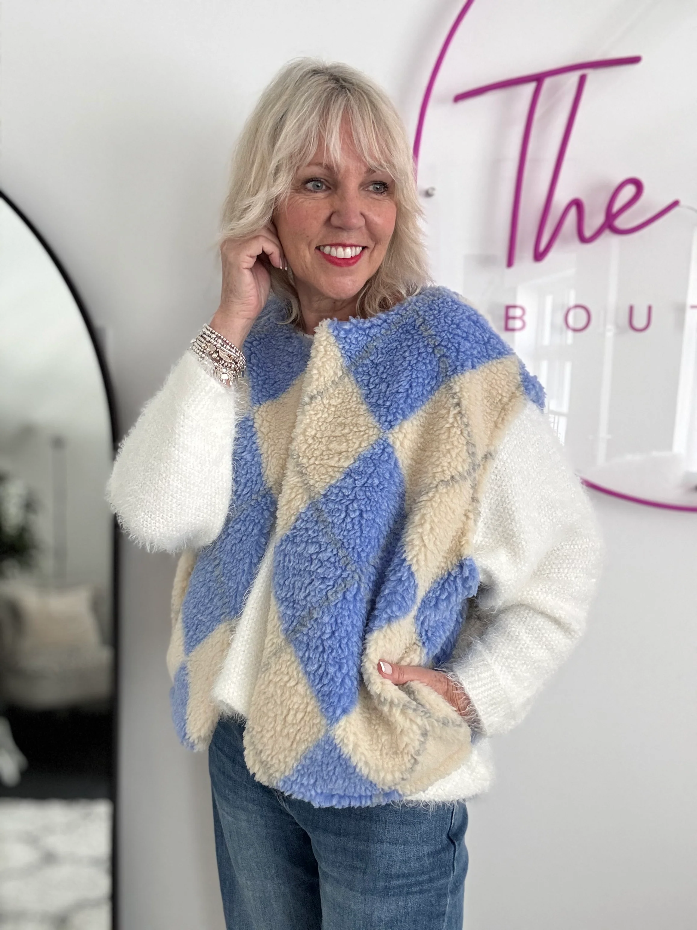 Check Teddy Gilet in Blue & Vanilla - Image 5