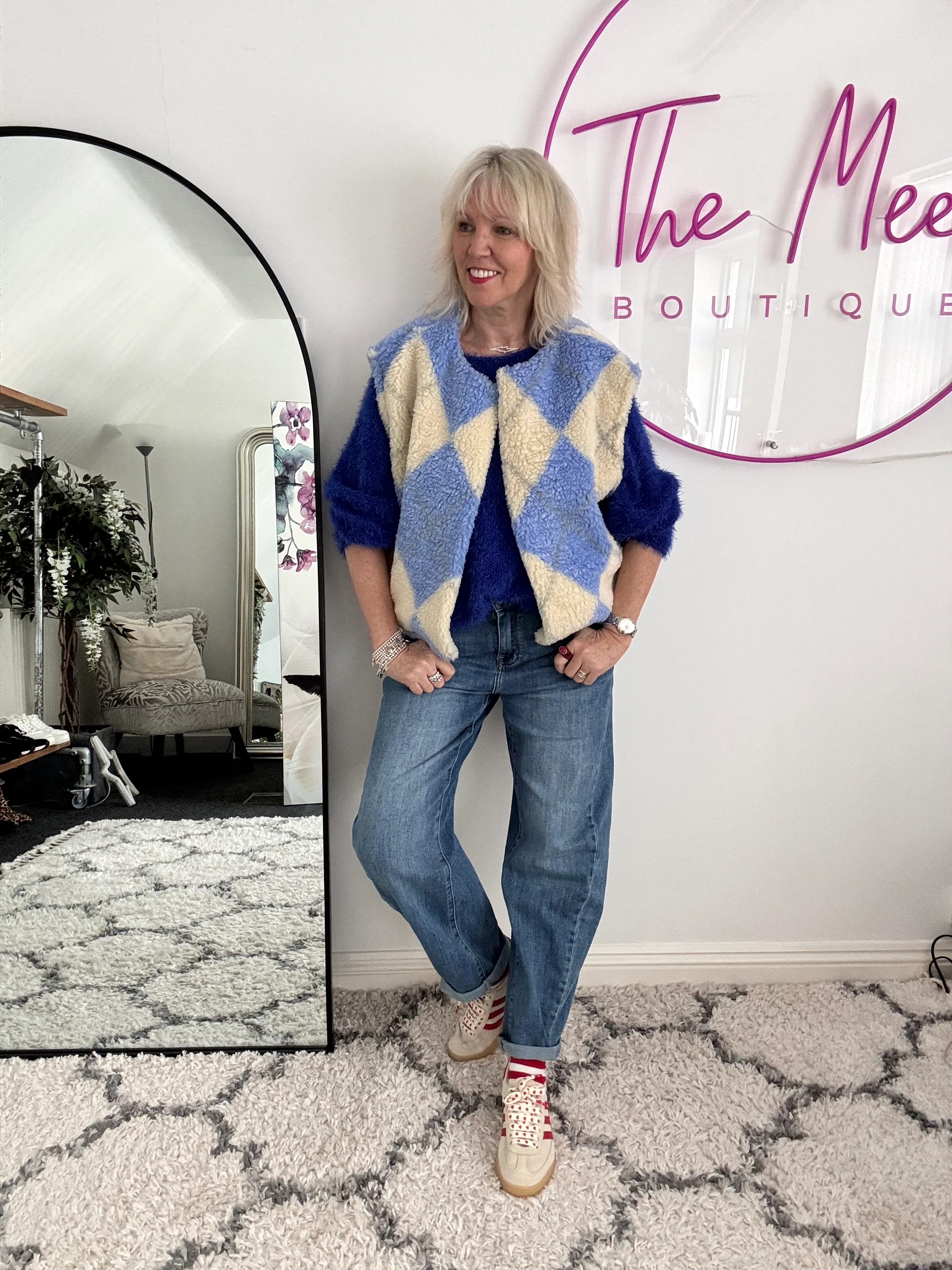 Check Teddy Gilet in Blue & Vanilla - Image 6