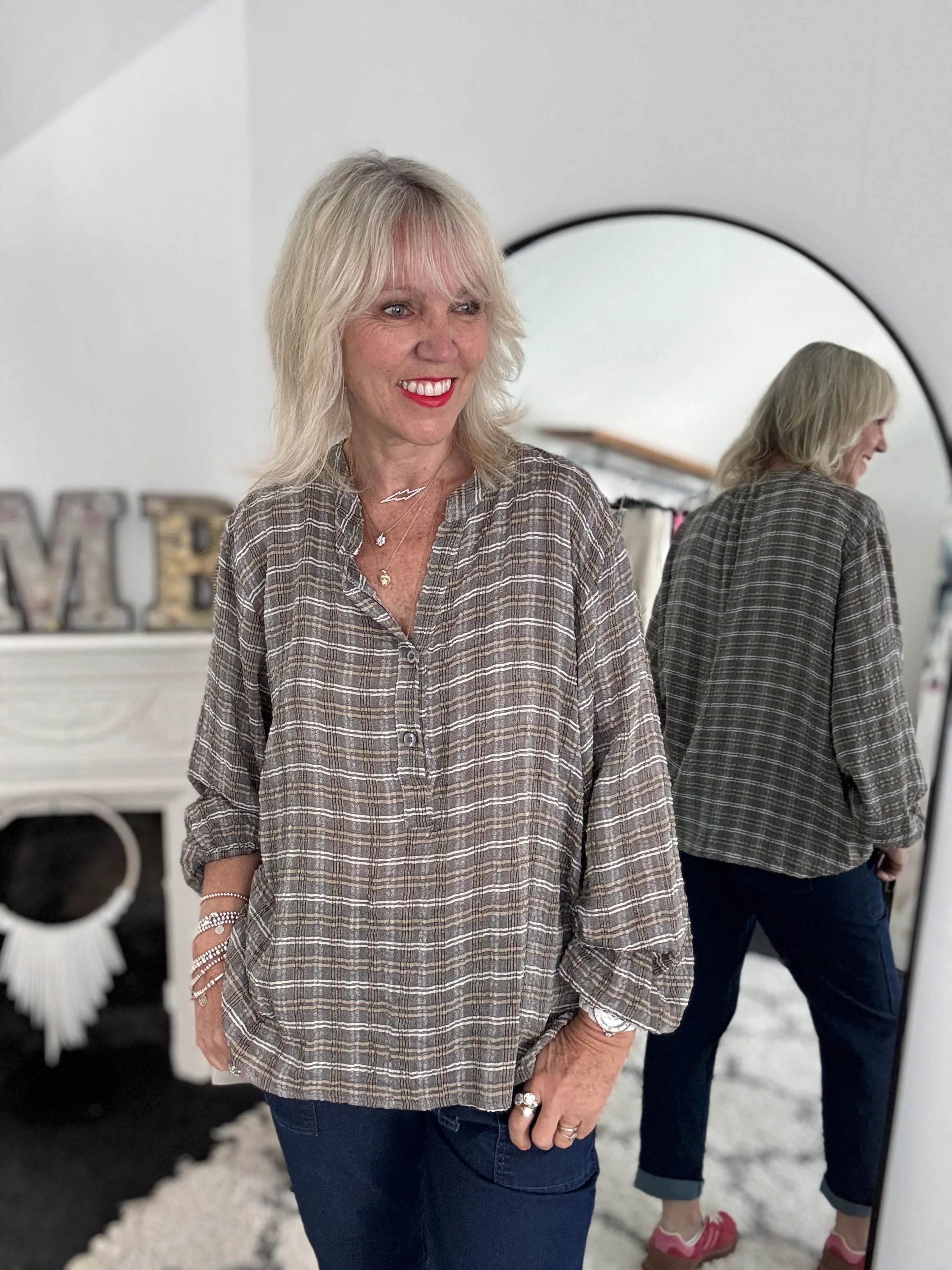 Checked Seersucker Shirt in Mocha - Image 6