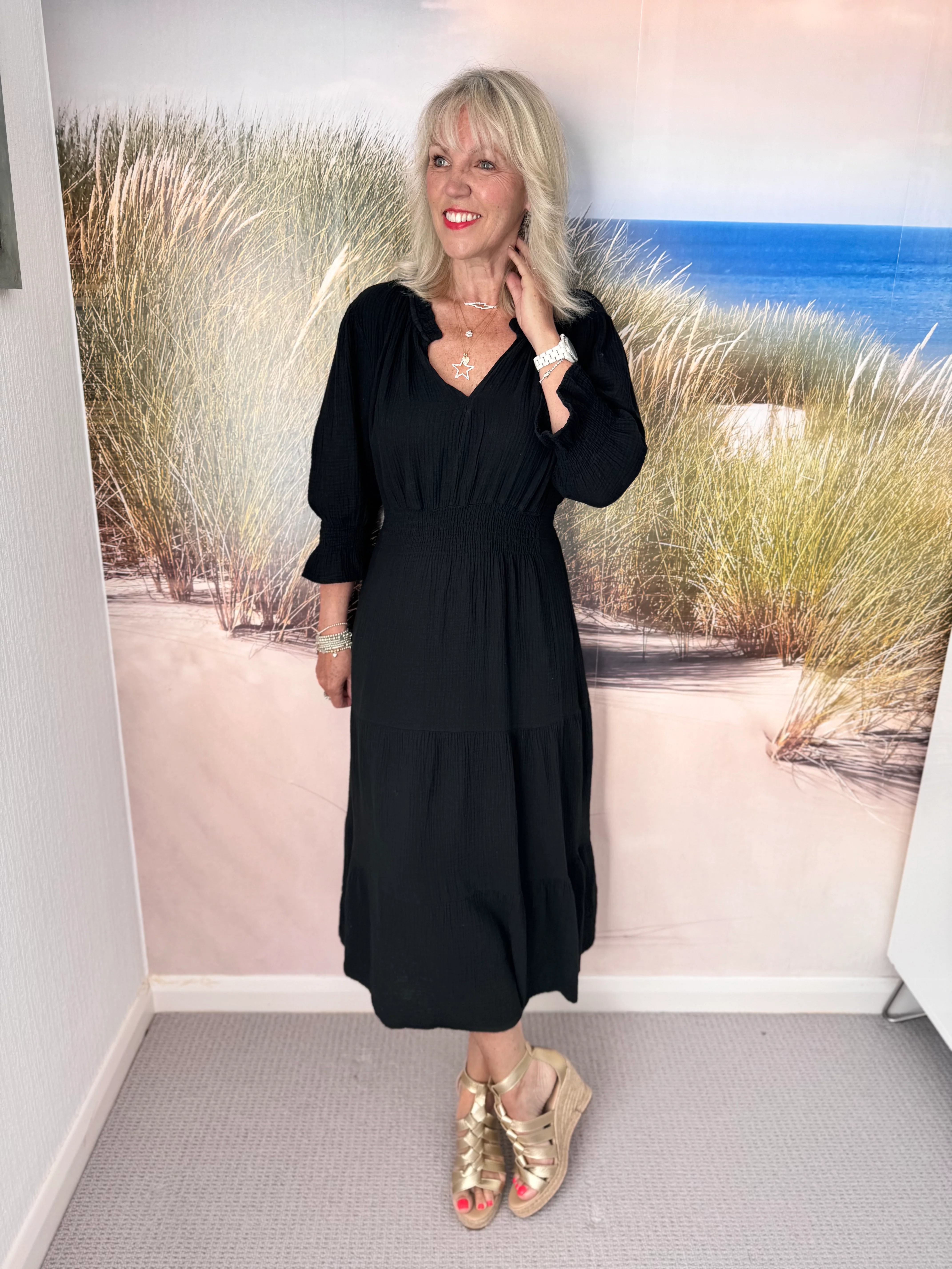 Cheesecloth Midi Dress in Black - Image 3