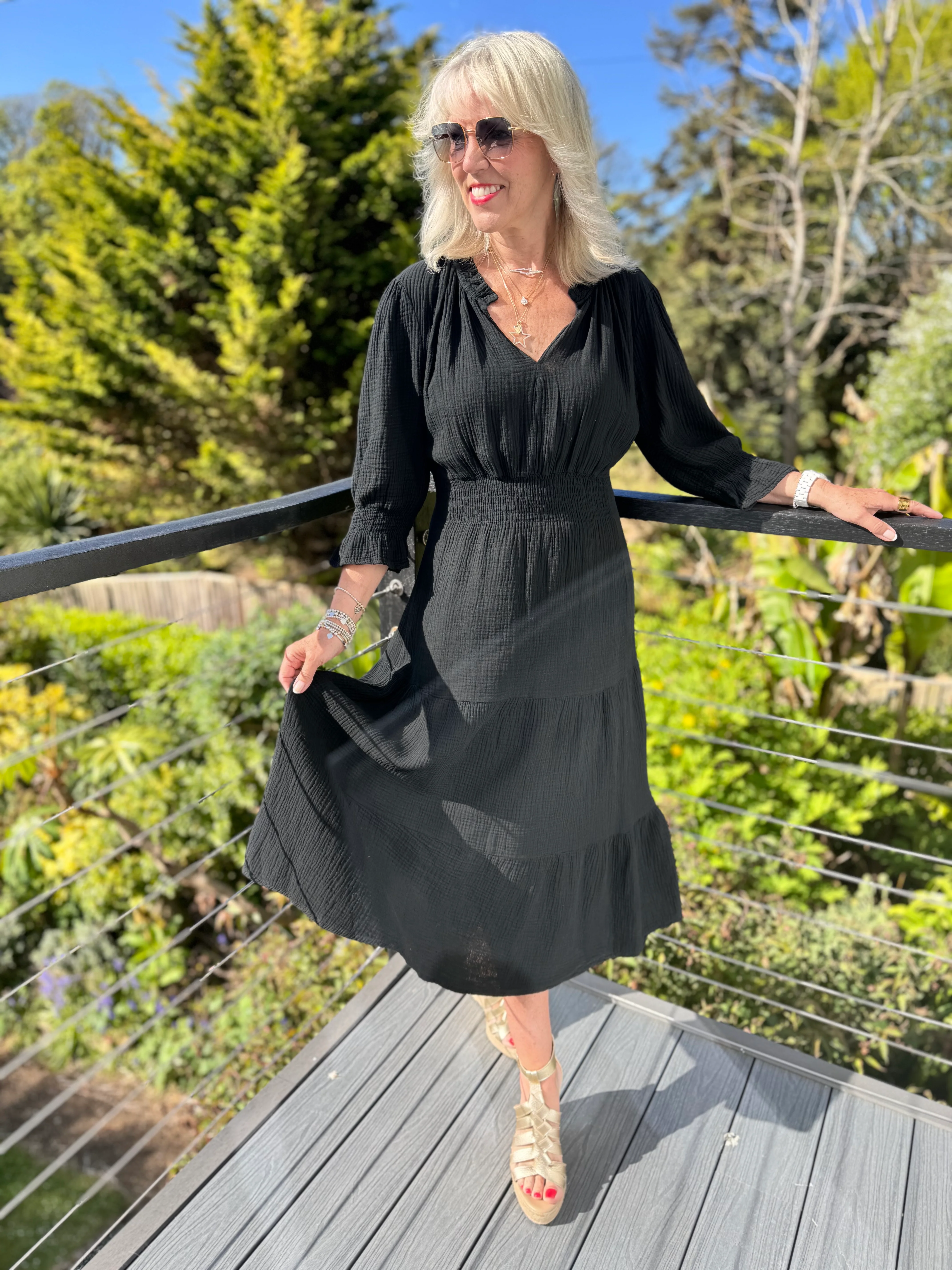 Cheesecloth Midi Dress in Black - Image 4