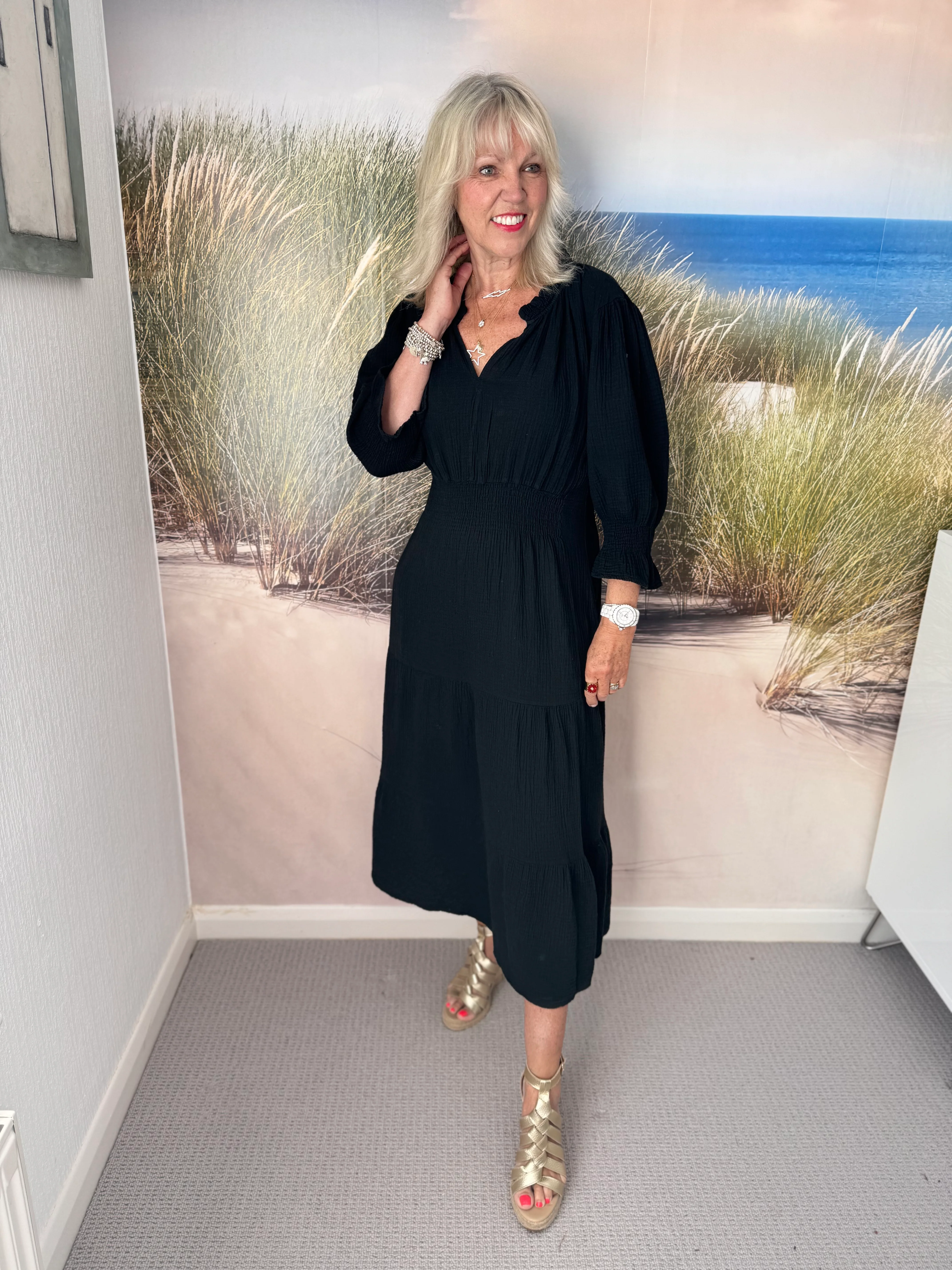 Cheesecloth Midi Dress in Black - Image 6