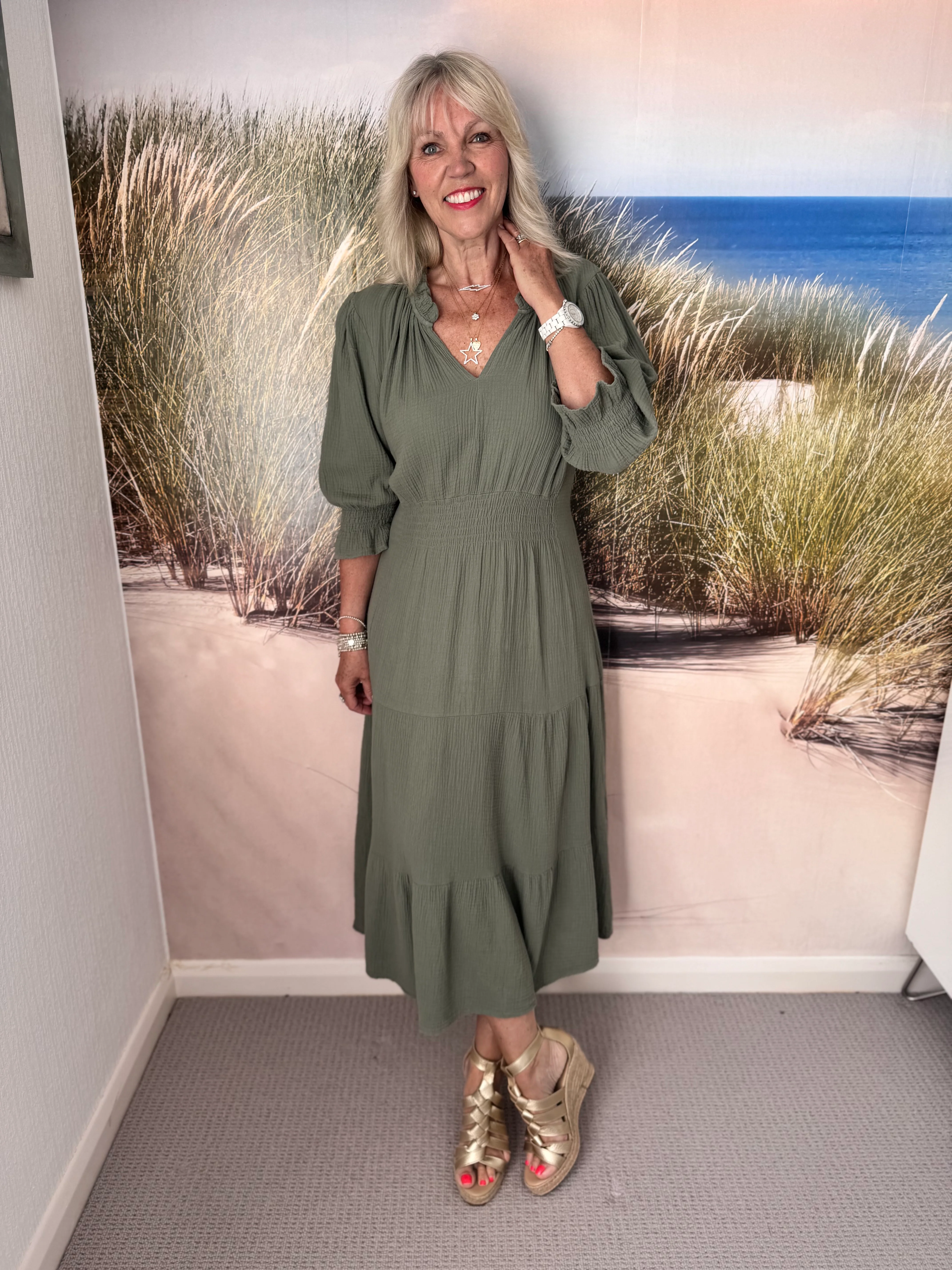 Cheesecloth Midi Dress in Khaki