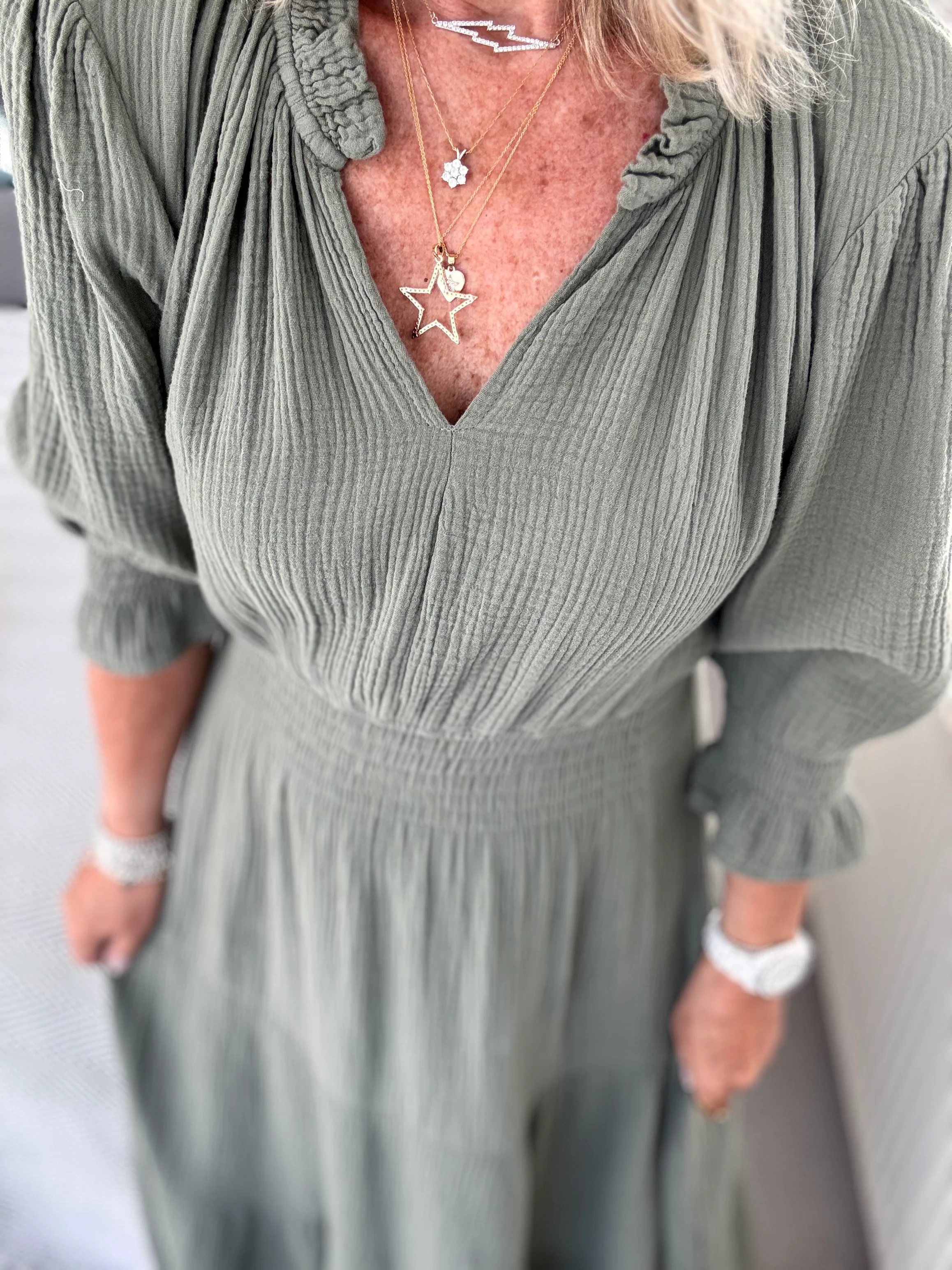 Cheesecloth Midi Dress in Khaki - Image 2