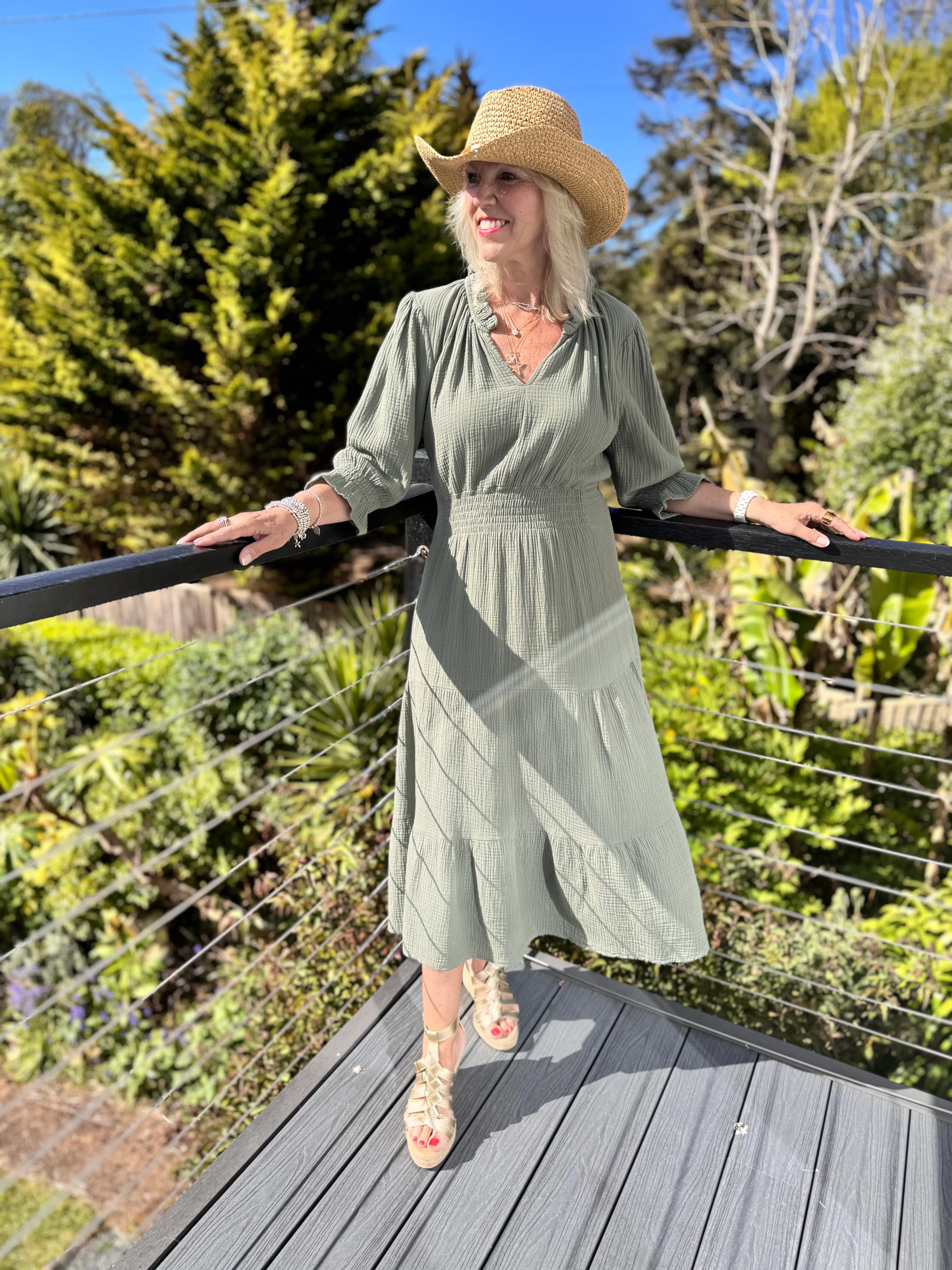 Cheesecloth Midi Dress in Khaki - Image 3