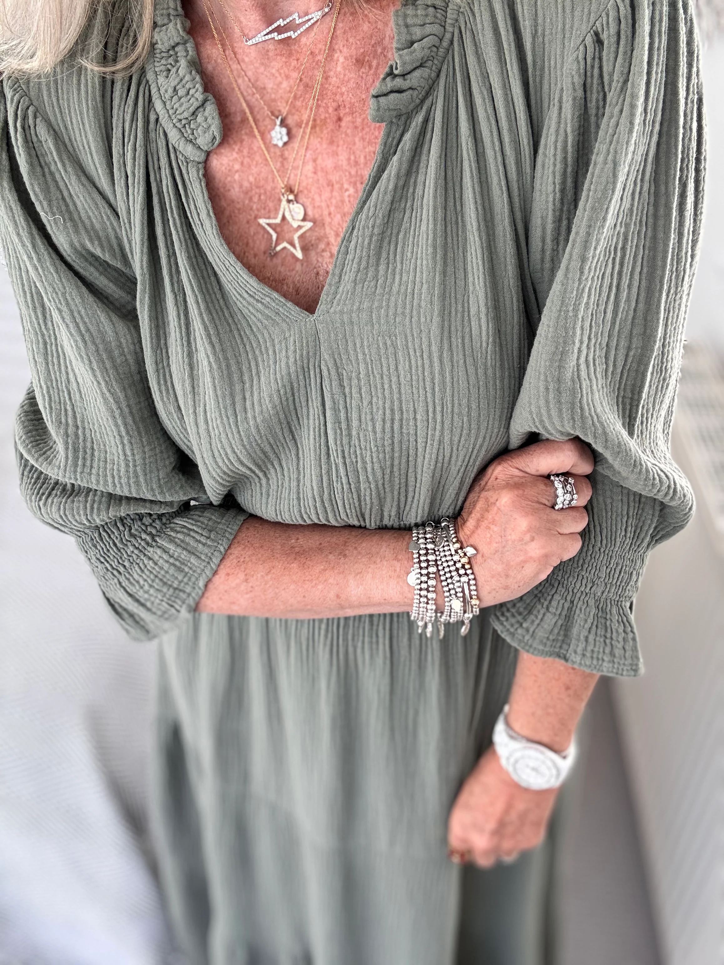Cheesecloth Midi Dress in Khaki - Image 6