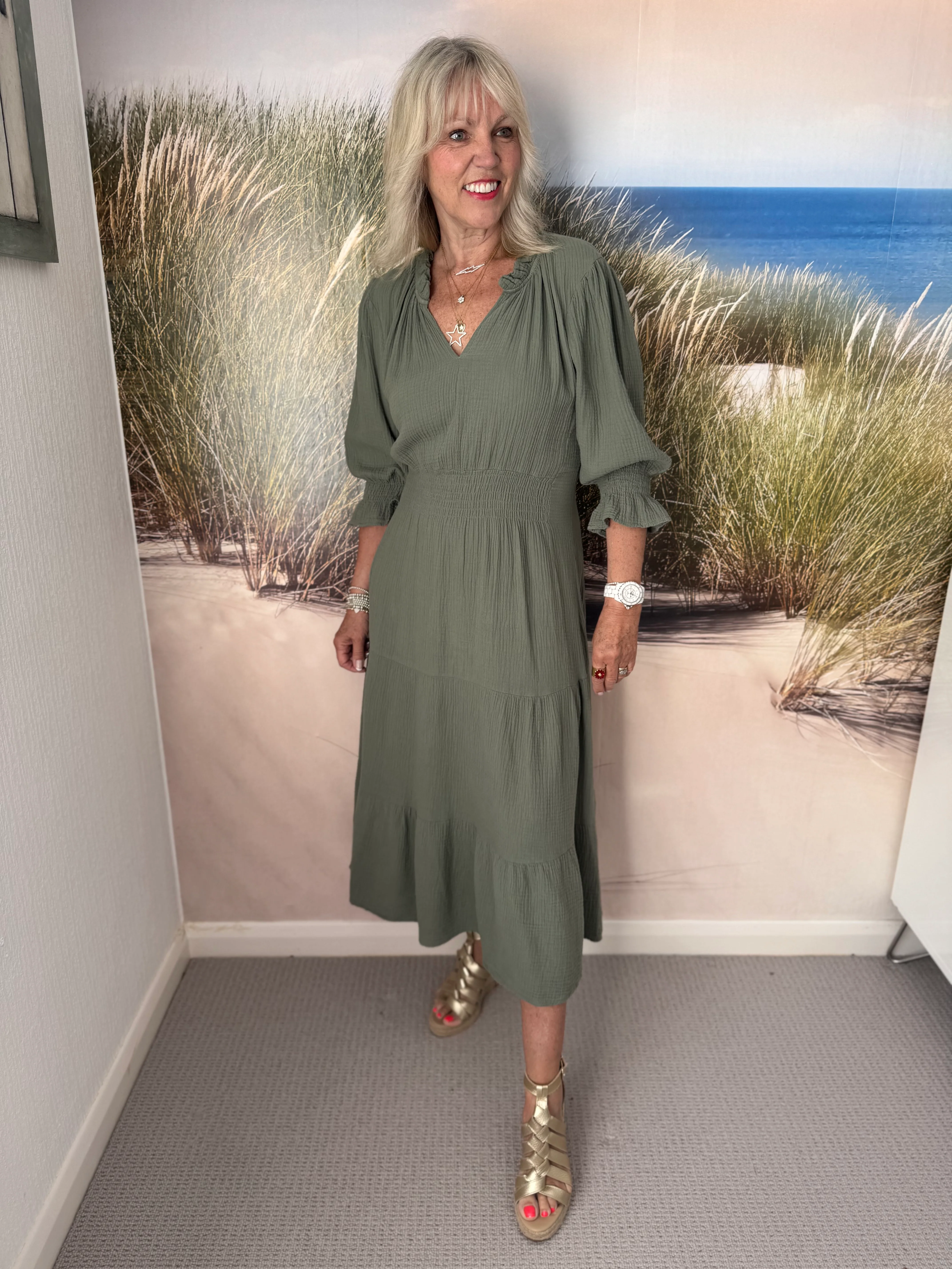 Cheesecloth Midi Dress in Khaki - Image 7