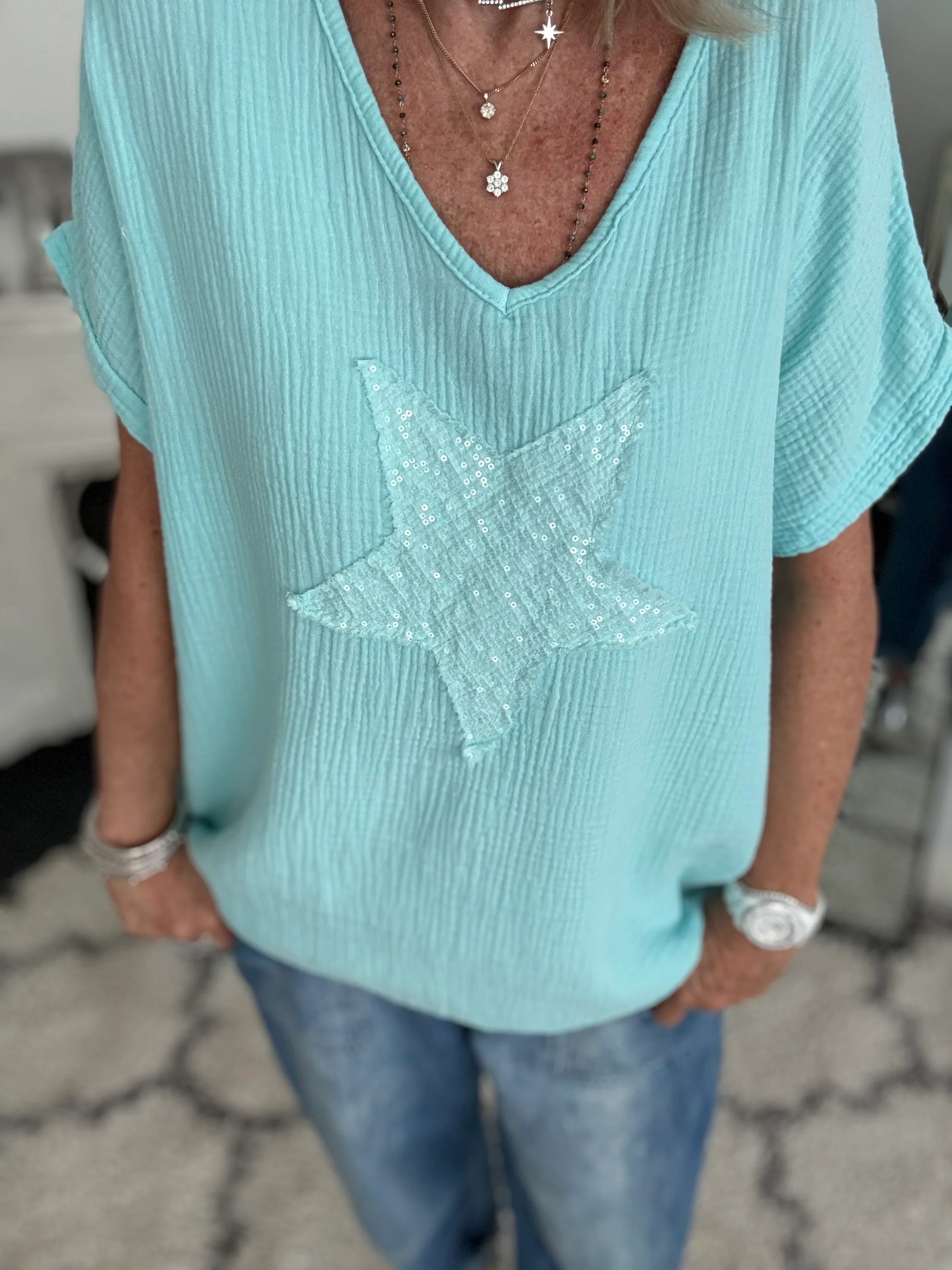 Cheesecloth Sequin Star Top in Aqua - Image 4