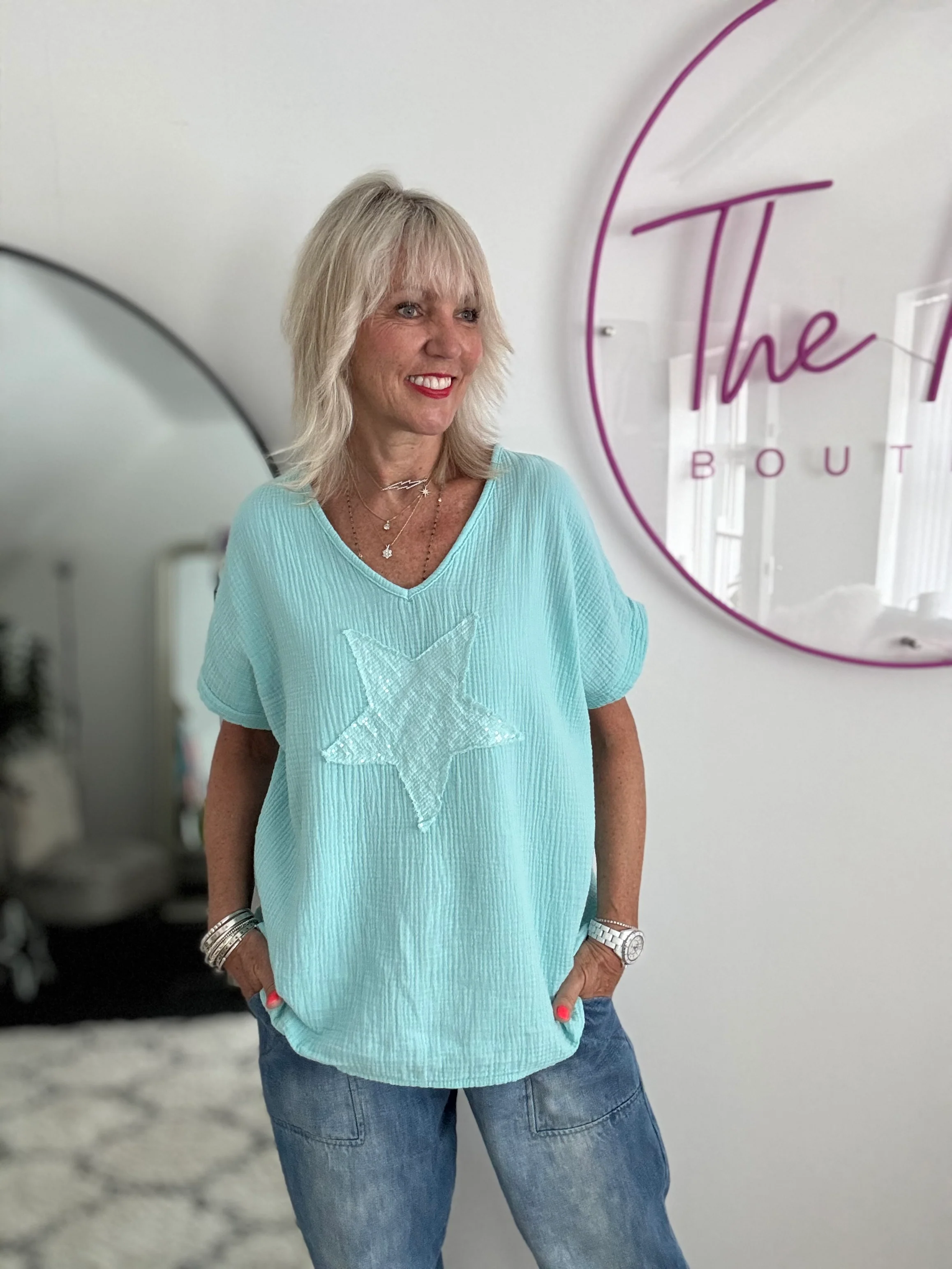 Cheesecloth Sequin Star Top in Aqua - Image 5