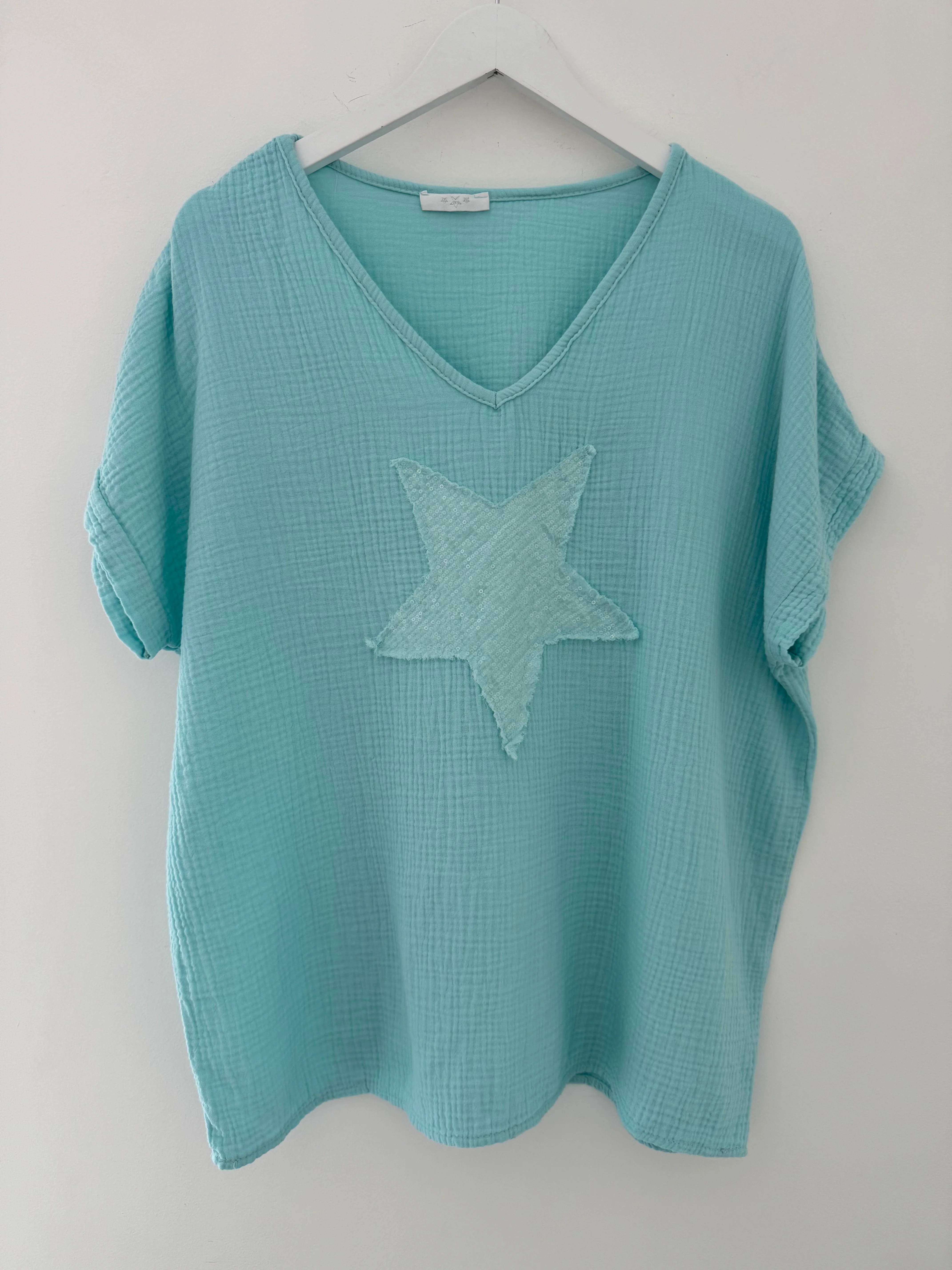 Cheesecloth Sequin Star Top in Aqua - Image 6