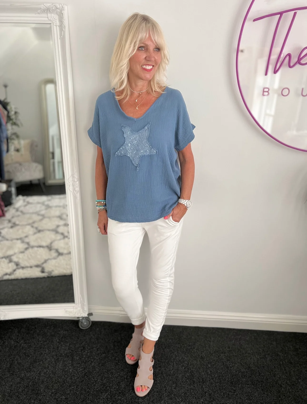Cheesecloth Sequin Star Top in Blue - Image 3