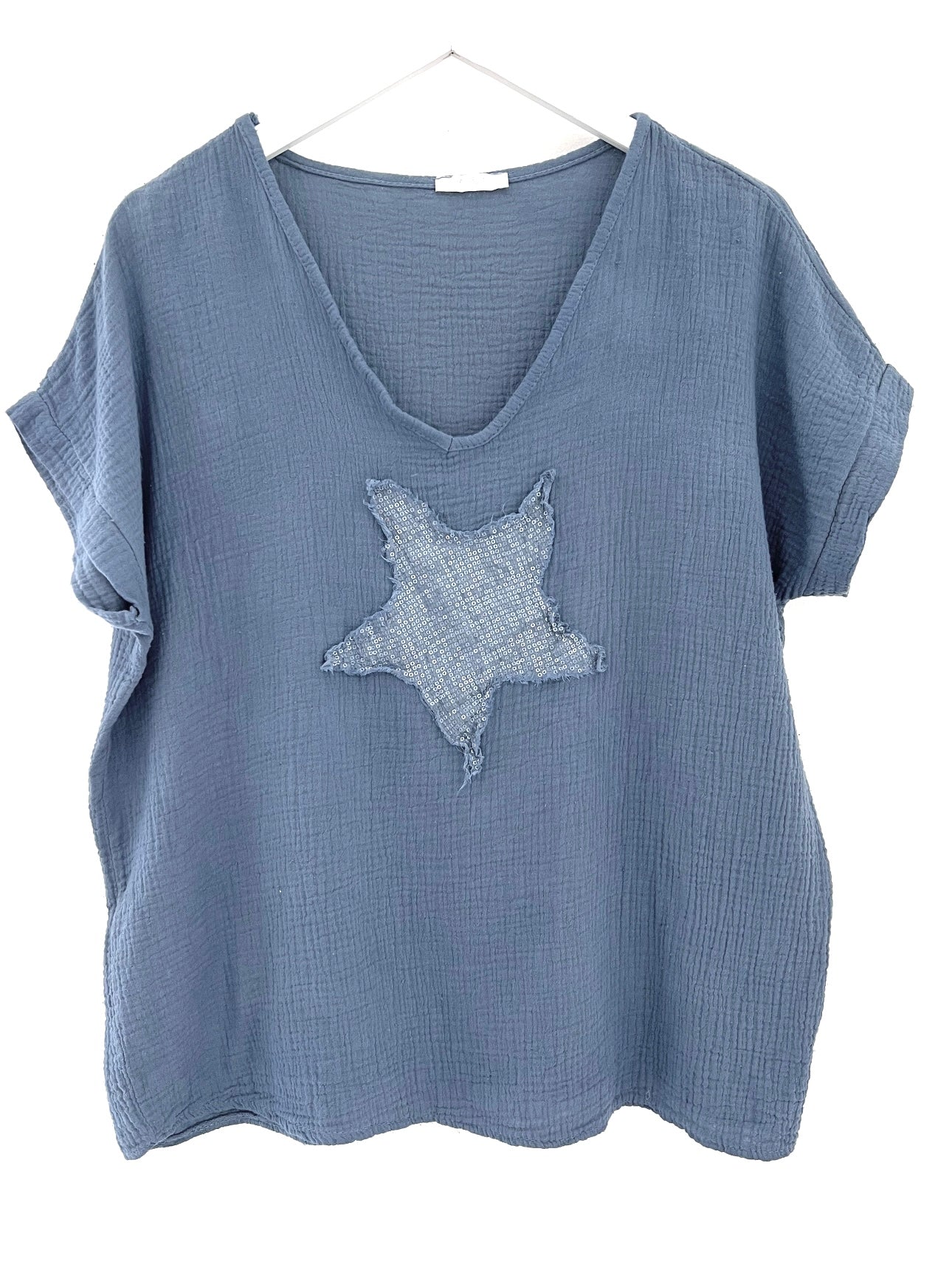 Cheesecloth Sequin Star Top in Blue - Image 4