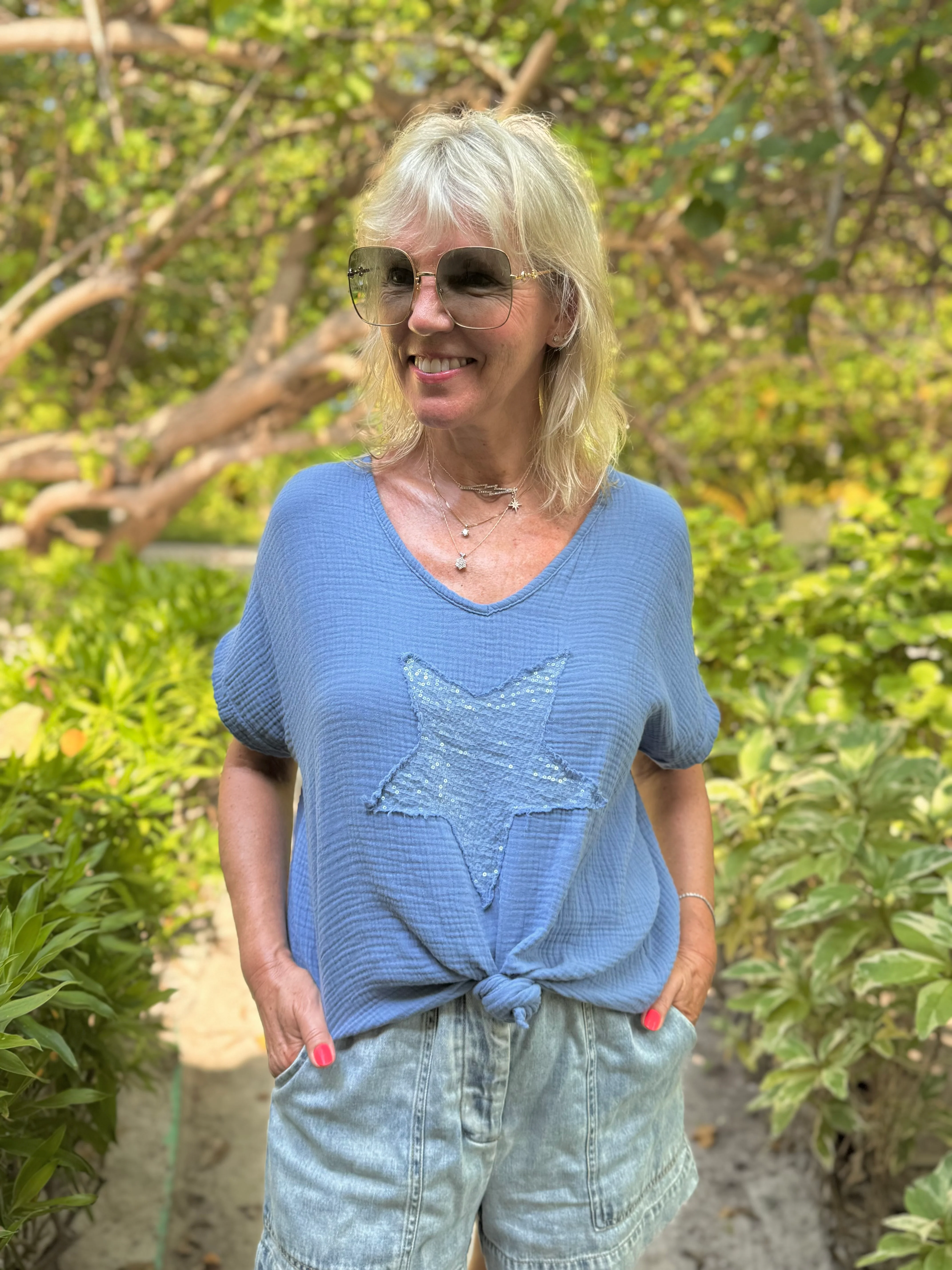 Cheesecloth Sequin Star Top in Blue - Image 7