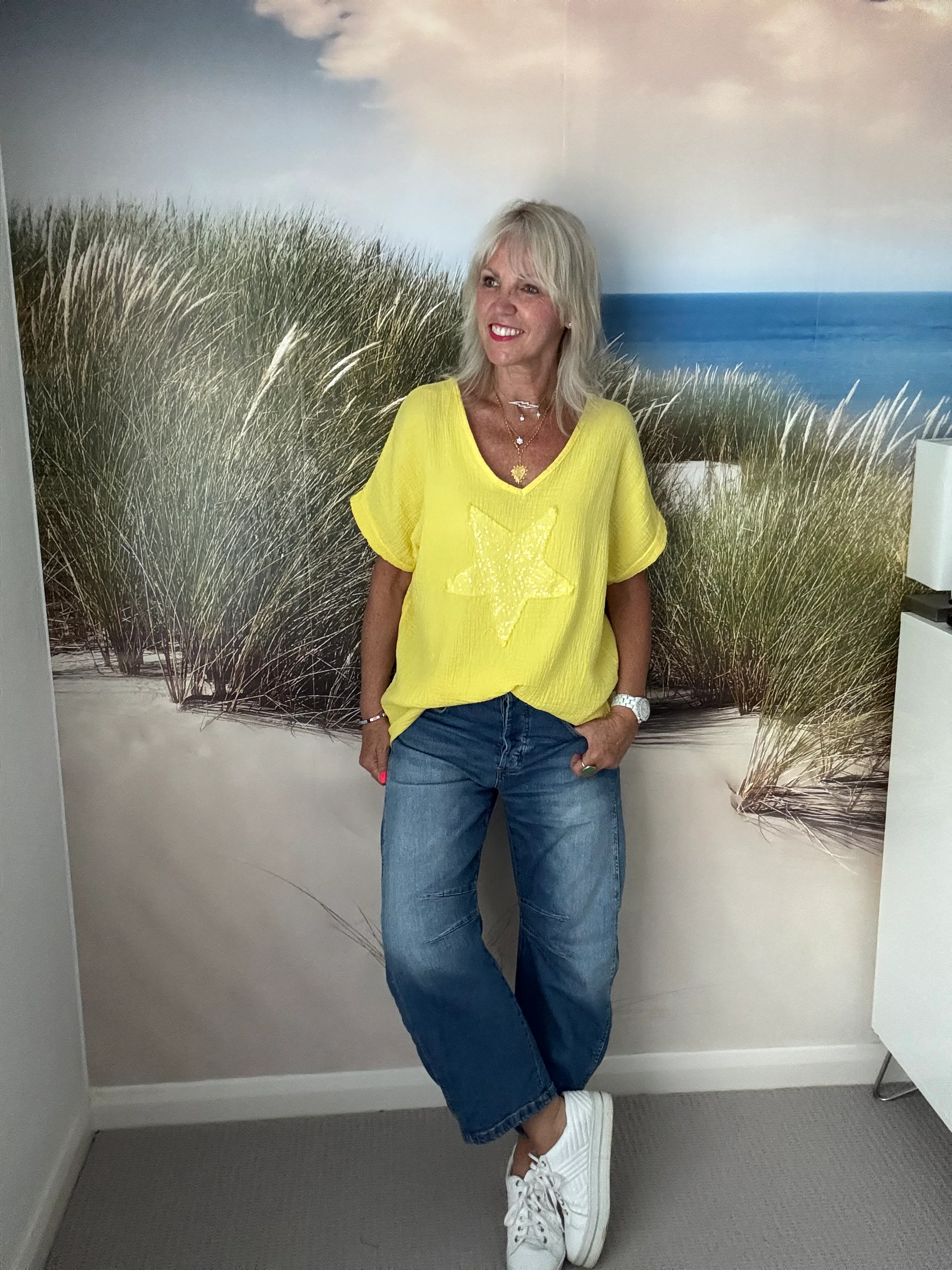 Cheesecloth Sequin Star Top in Sunshine Yellow - Image 3
