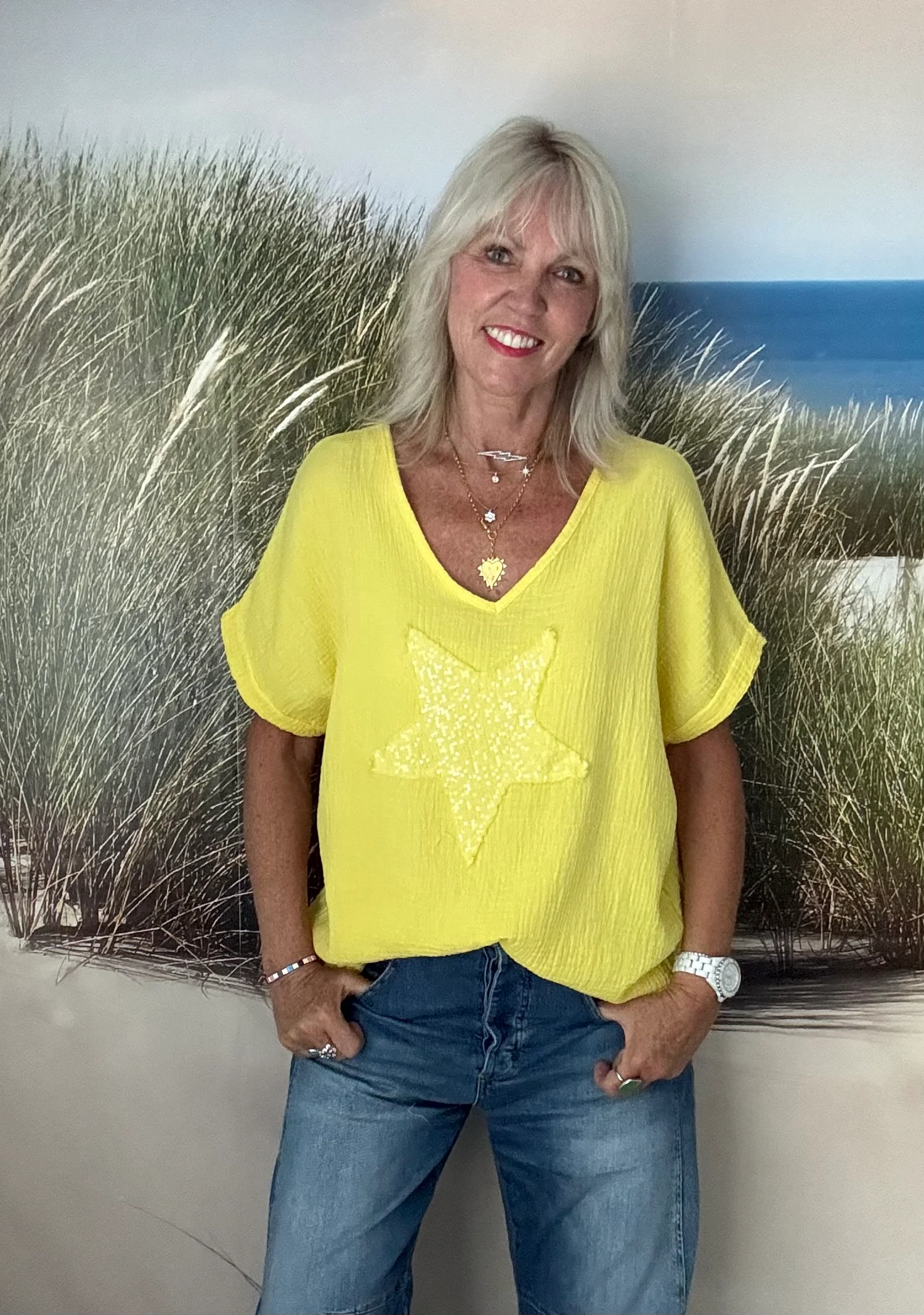 Cheesecloth Sequin Star Top in Sunshine Yellow - Image 4