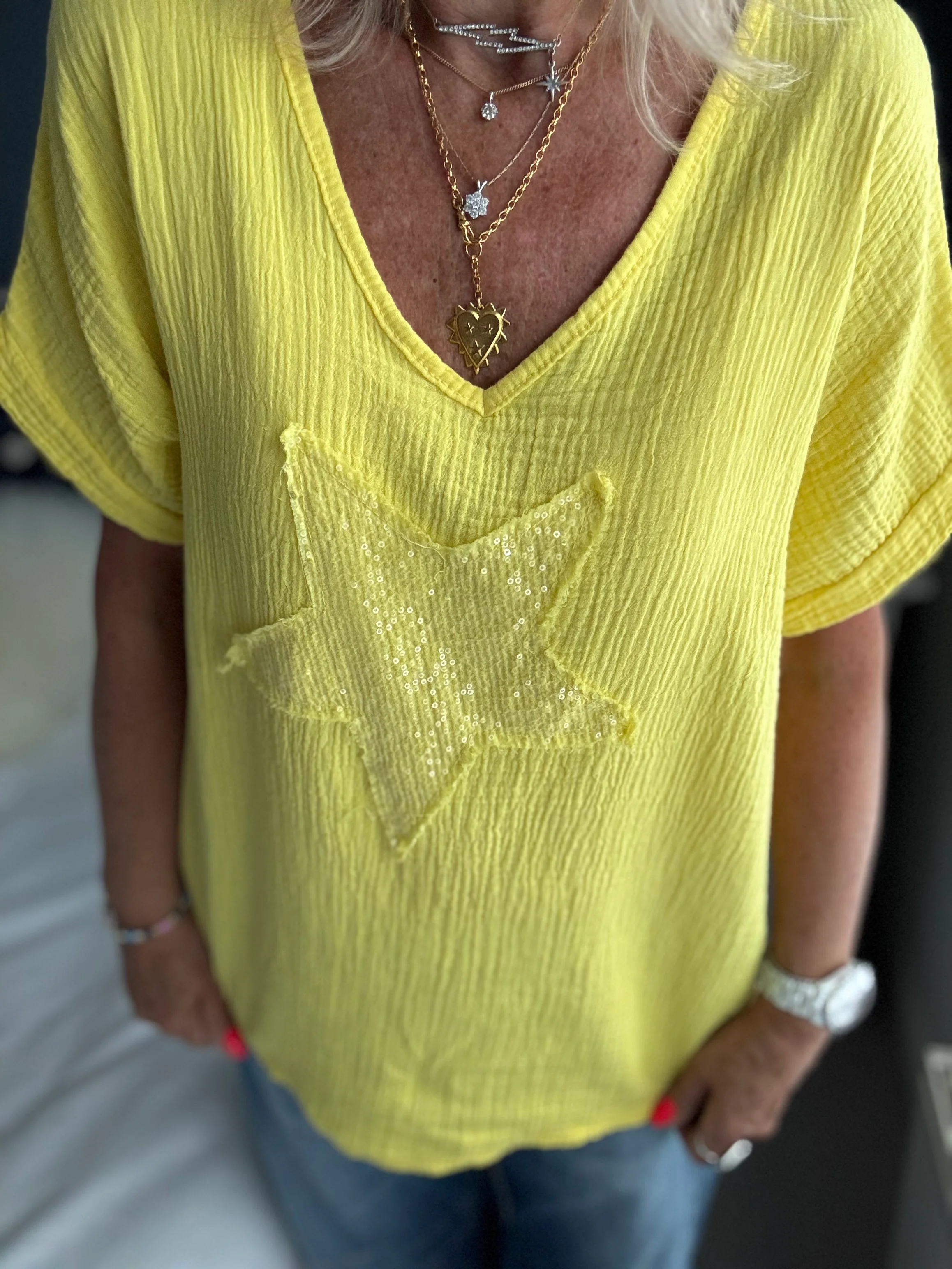 Cheesecloth Sequin Star Top in Sunshine Yellow - Image 5