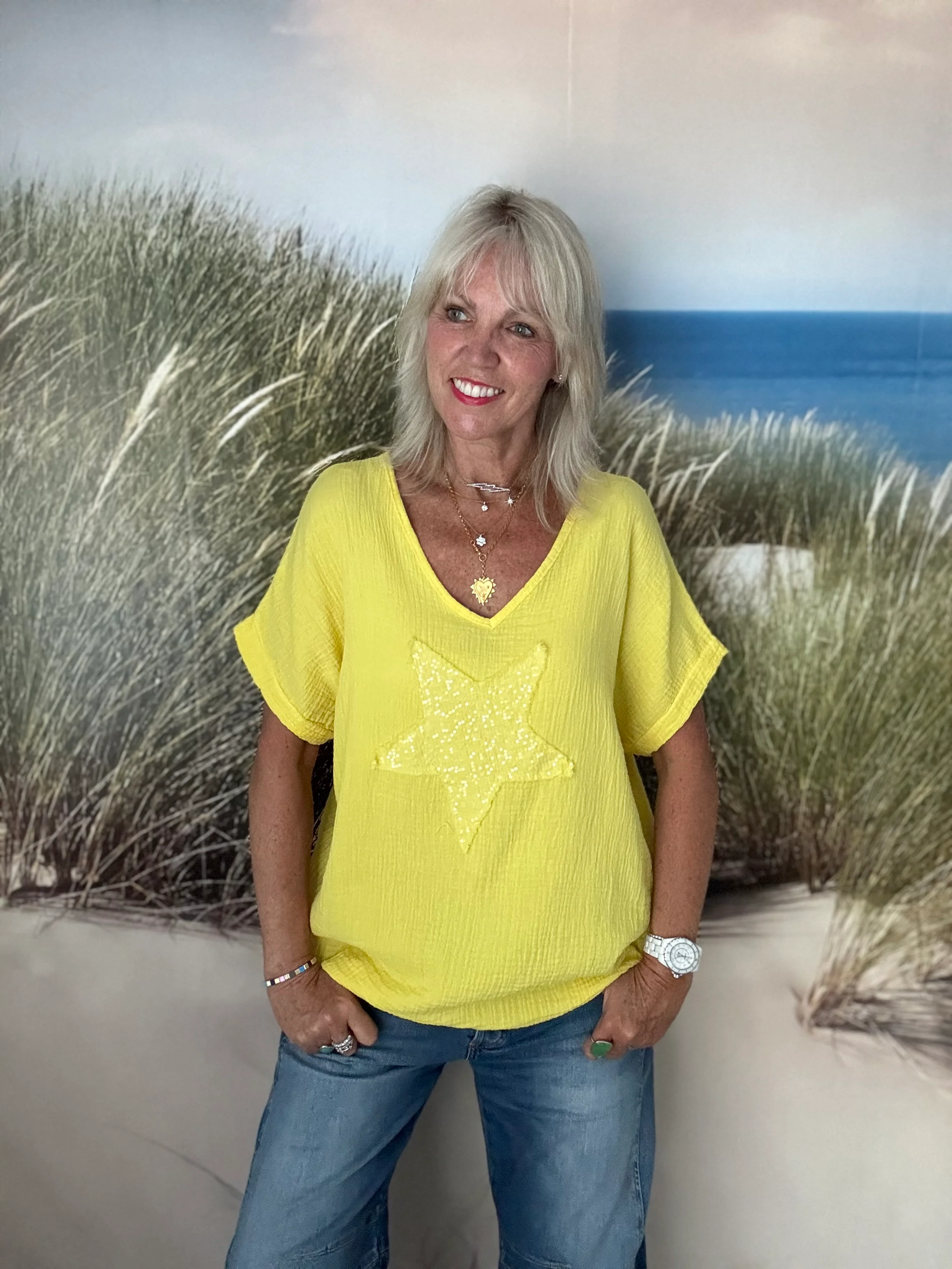 Cheesecloth Sequin Star Top in Sunshine Yellow - Image 6