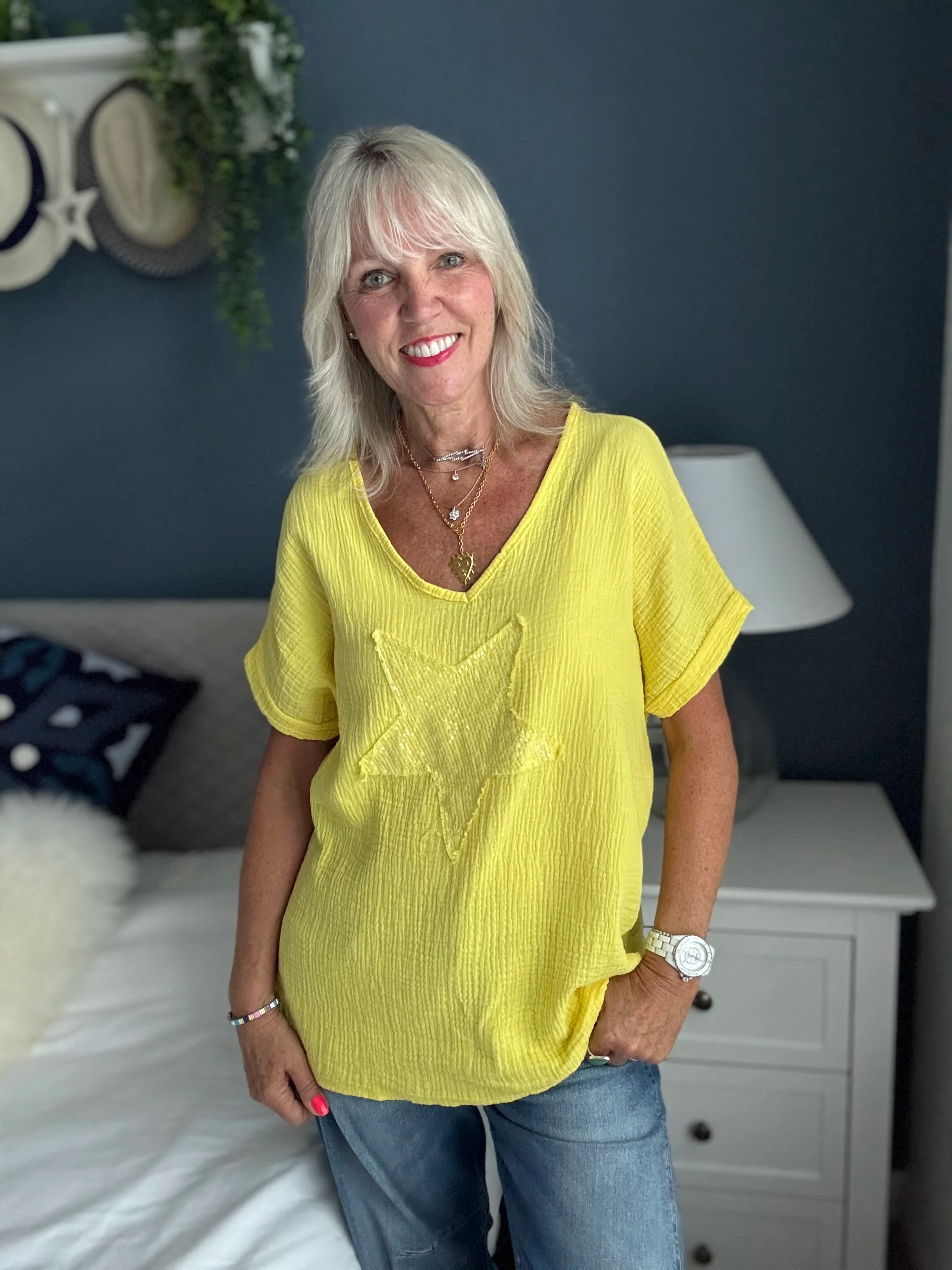 Cheesecloth Sequin Star Top in Sunshine Yellow - Image 7