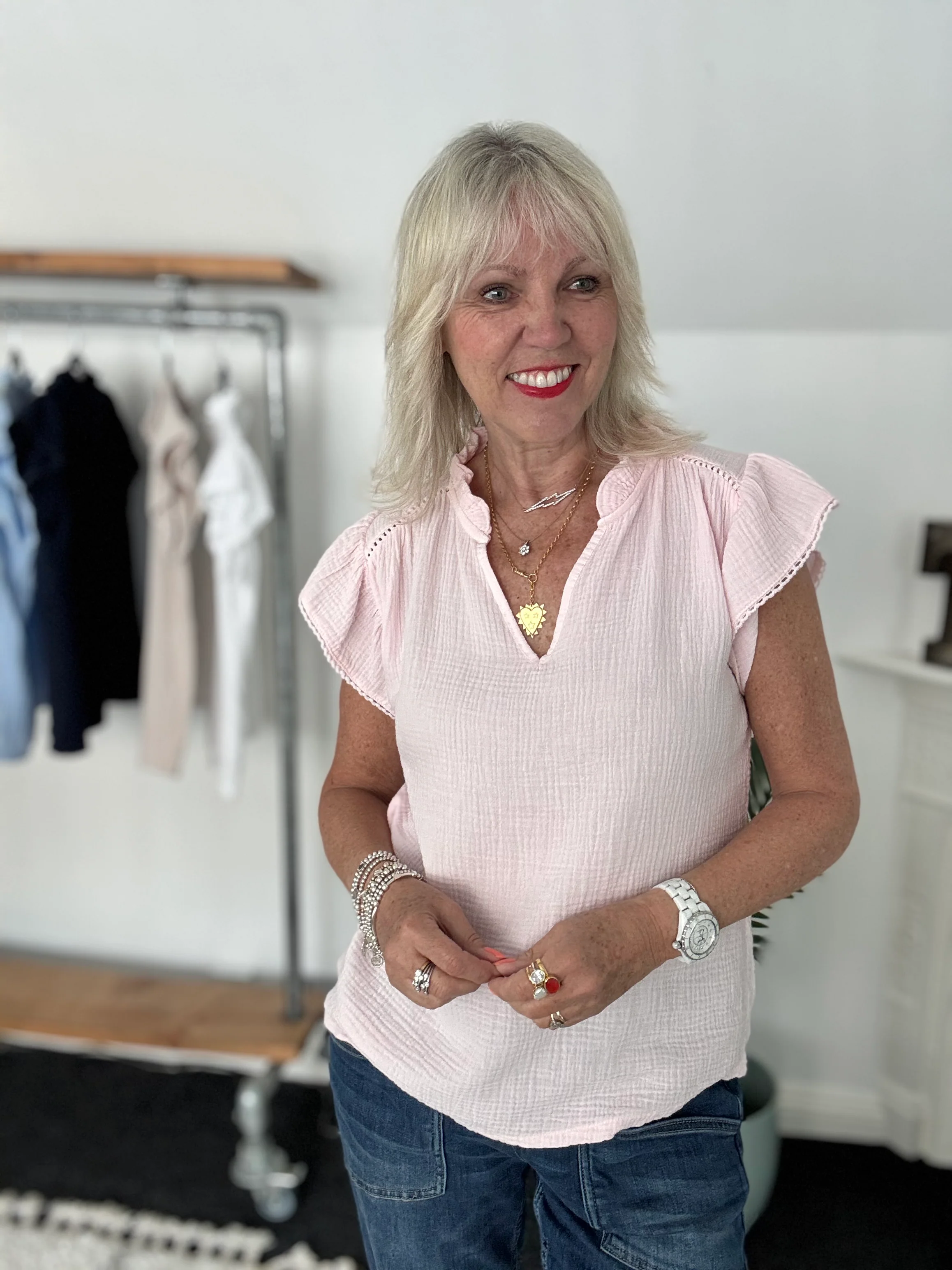 Cheesecloth Top with Ruffle Sleeves in Pink