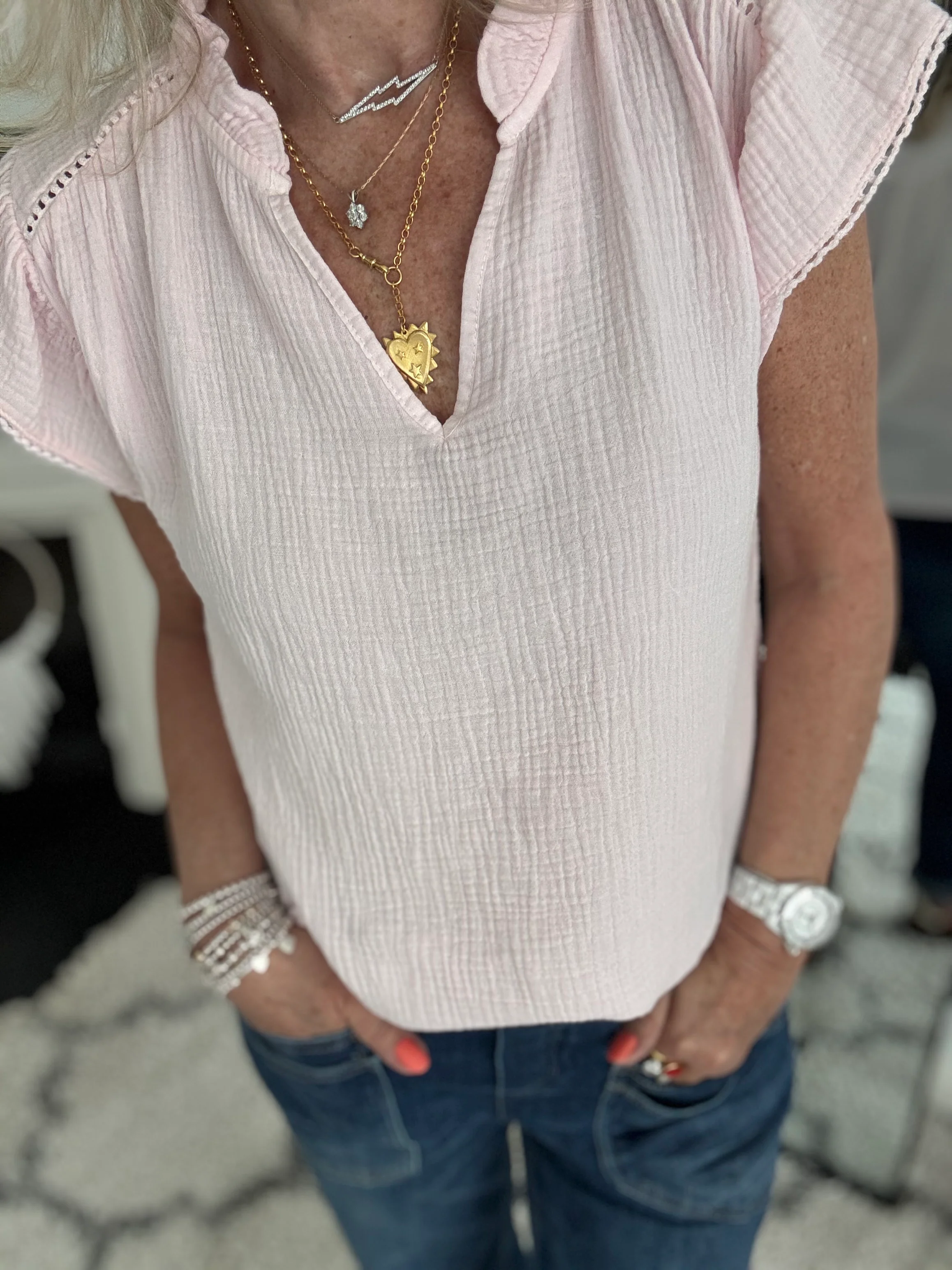 Cheesecloth Top with Ruffle Sleeves in Pink - Image 2
