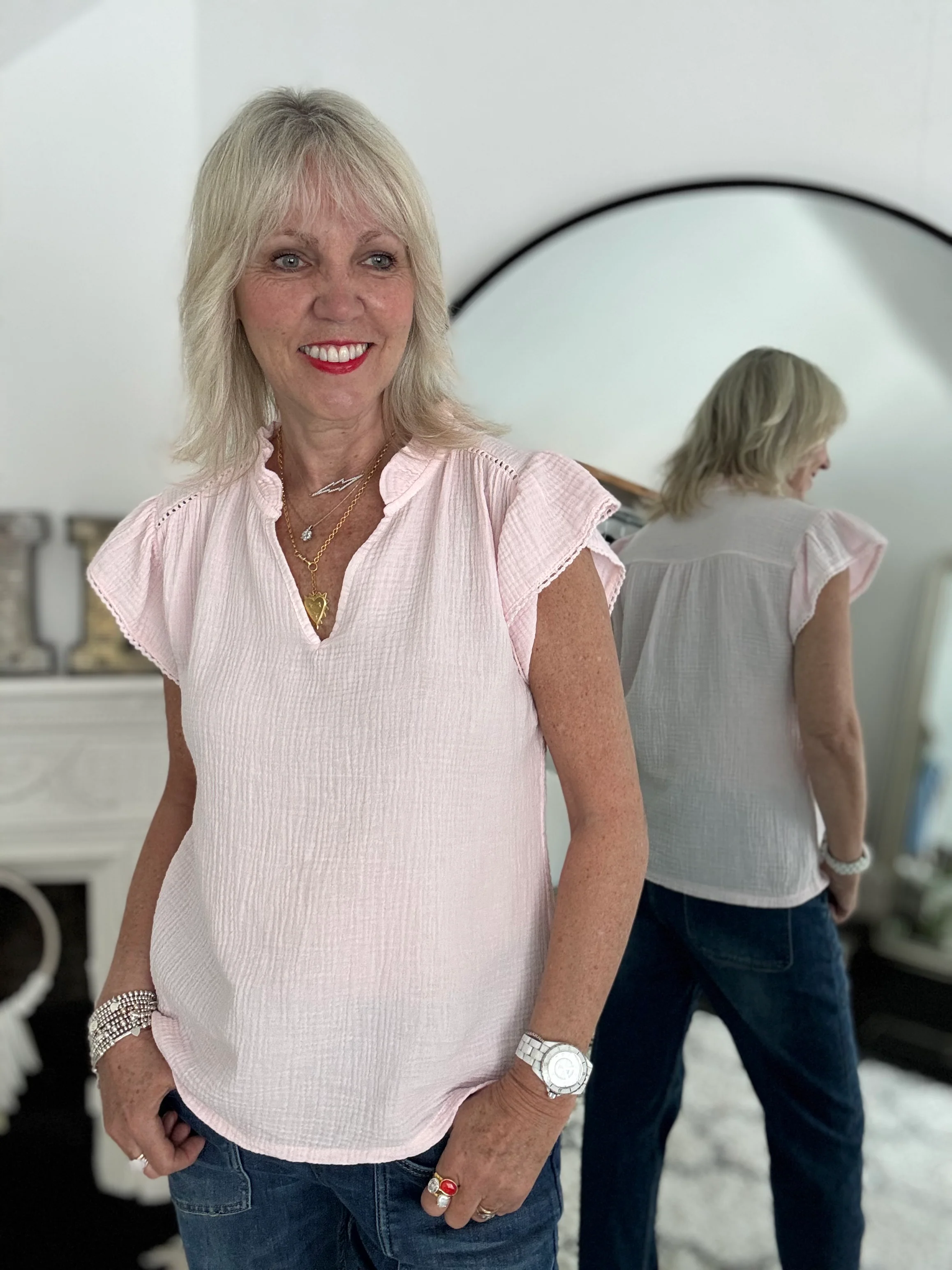 Cheesecloth Top with Ruffle Sleeves in Pink - Image 3
