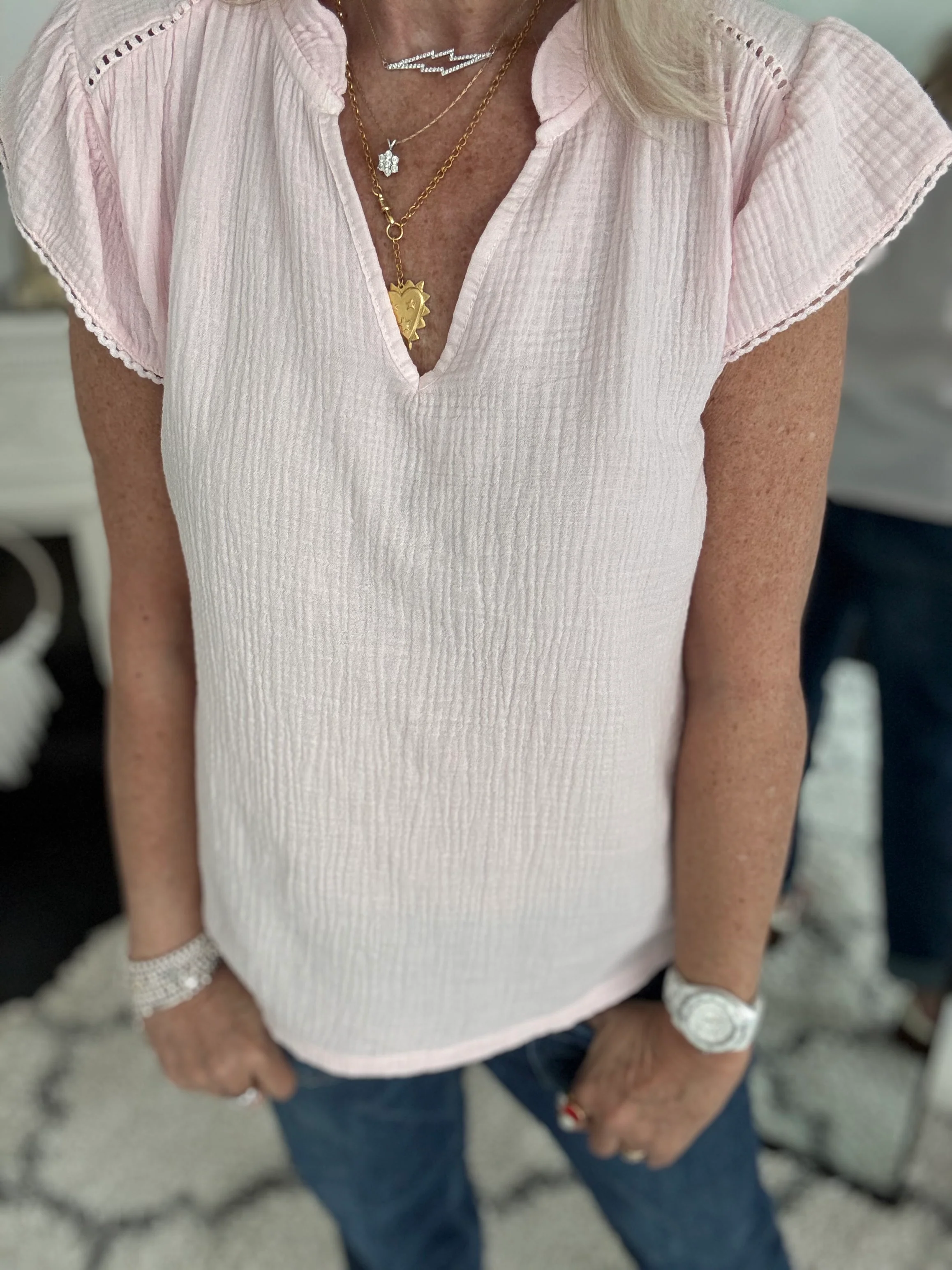 Cheesecloth Top with Ruffle Sleeves in Pink - Image 5