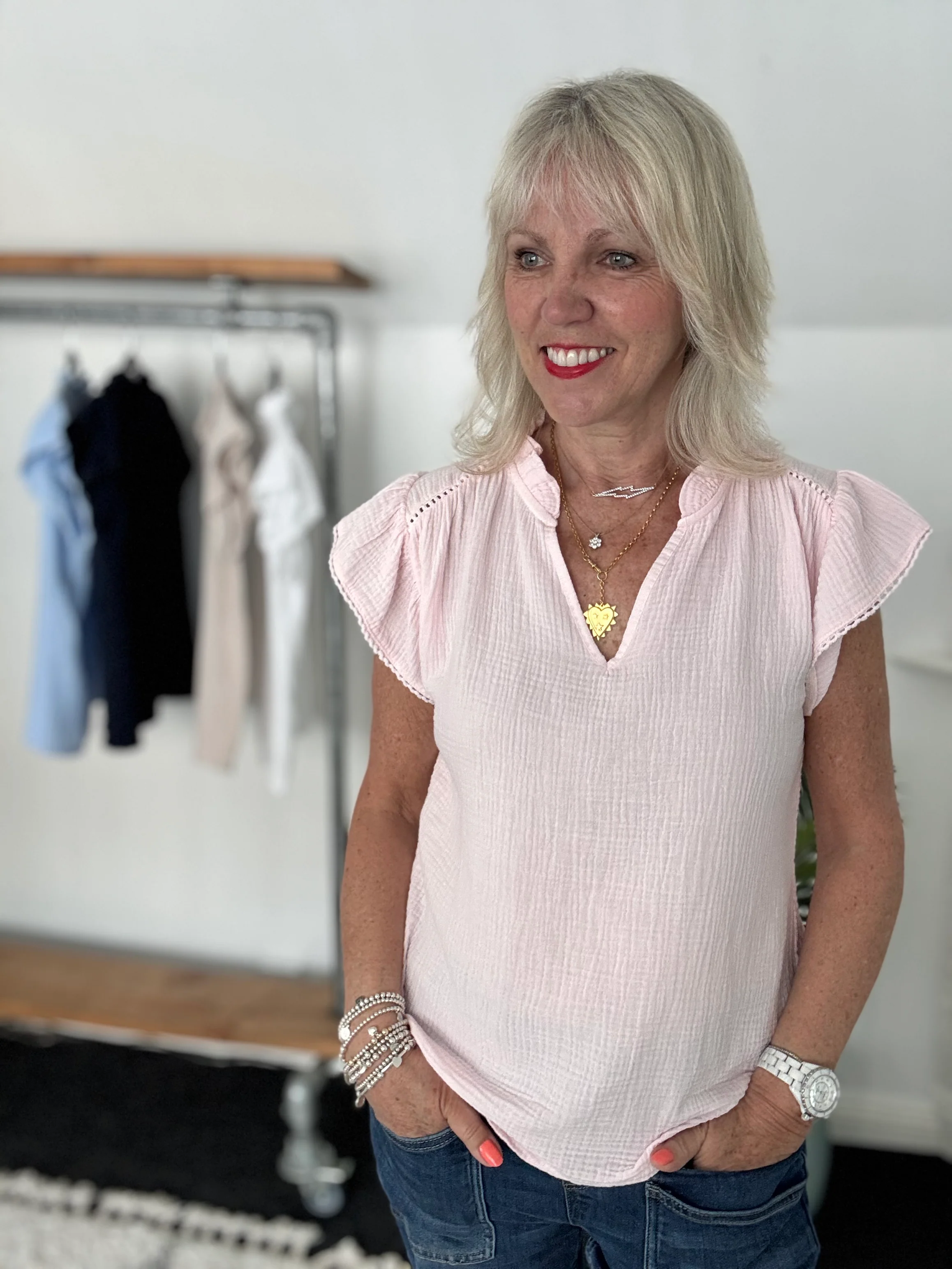 Cheesecloth Top with Ruffle Sleeves in Pink - Image 6