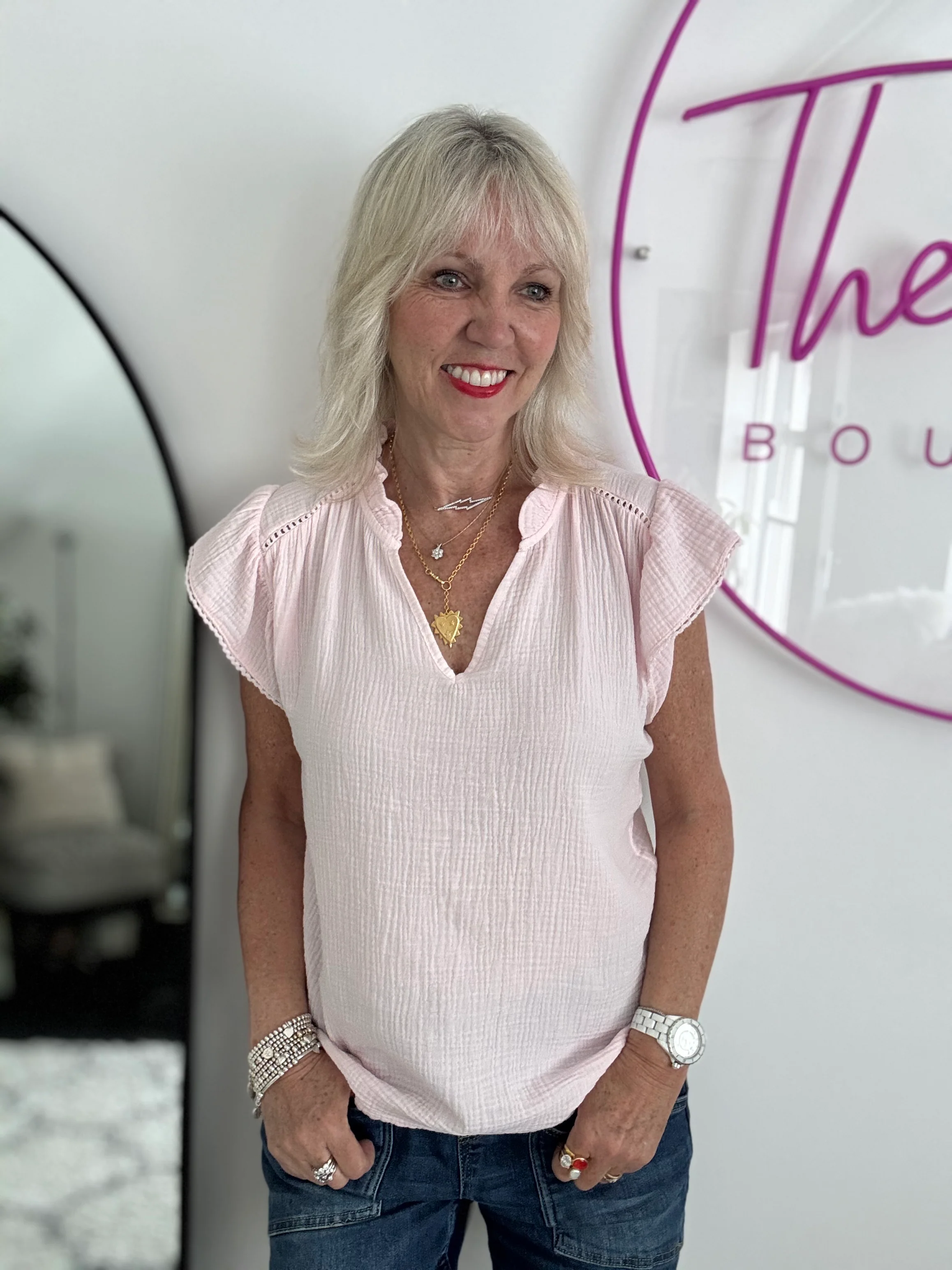 Cheesecloth Top with Ruffle Sleeves in Pink - Image 7