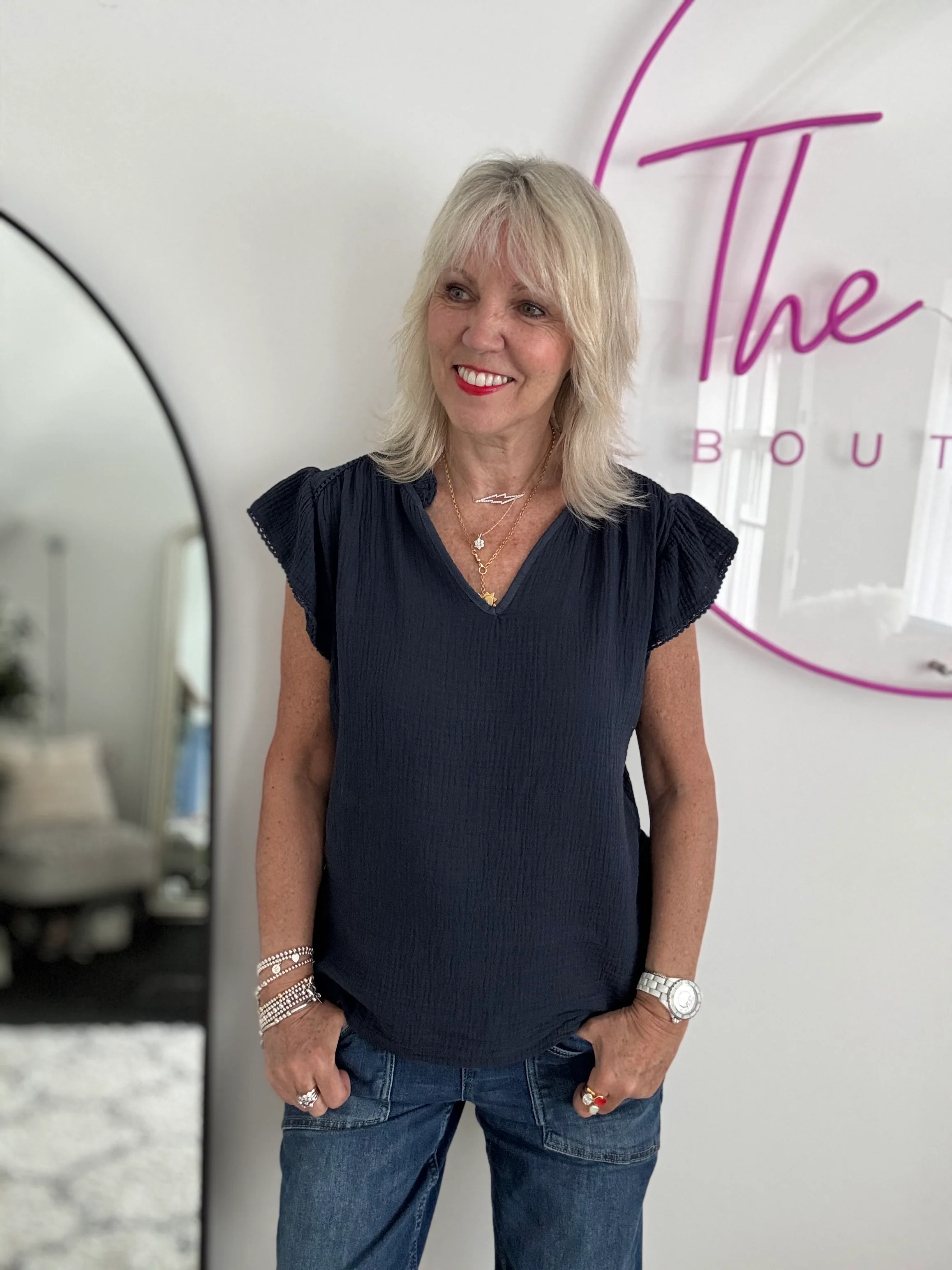 Cheesecloth Top with Ruffle Sleeves in Navy